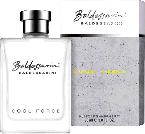 Baldessarini Cool Force Edt Spray Flakon und Verpackung. Weißes Flakon, silberner Verschluss, graue Verpackung.