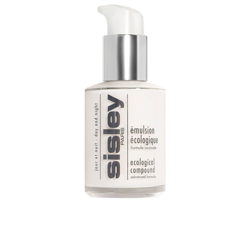 Creme-Flakon mit Pumpe. Weißes Etikett mit Schriftzug „sisley“ und Produktbezeichnung. Silberfarbener Pumpkopf.