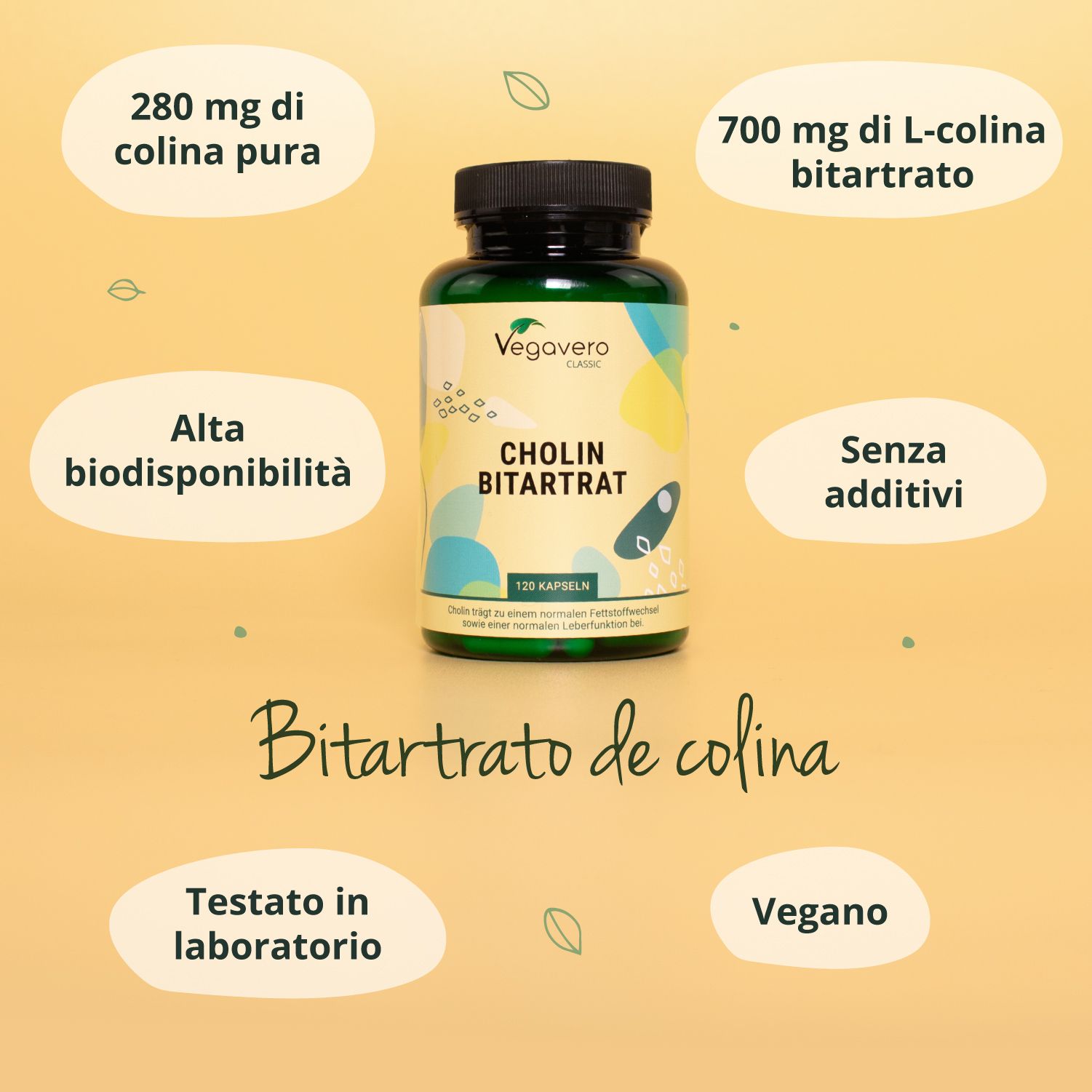 Bottiglia verde con tappo nero. Scritta: Vegavaro Classic, CHOLIN BITARTRAT, 120 capsule. Testo: 280 mg di colina pura, 700 mg di bitartrato di L-colina.