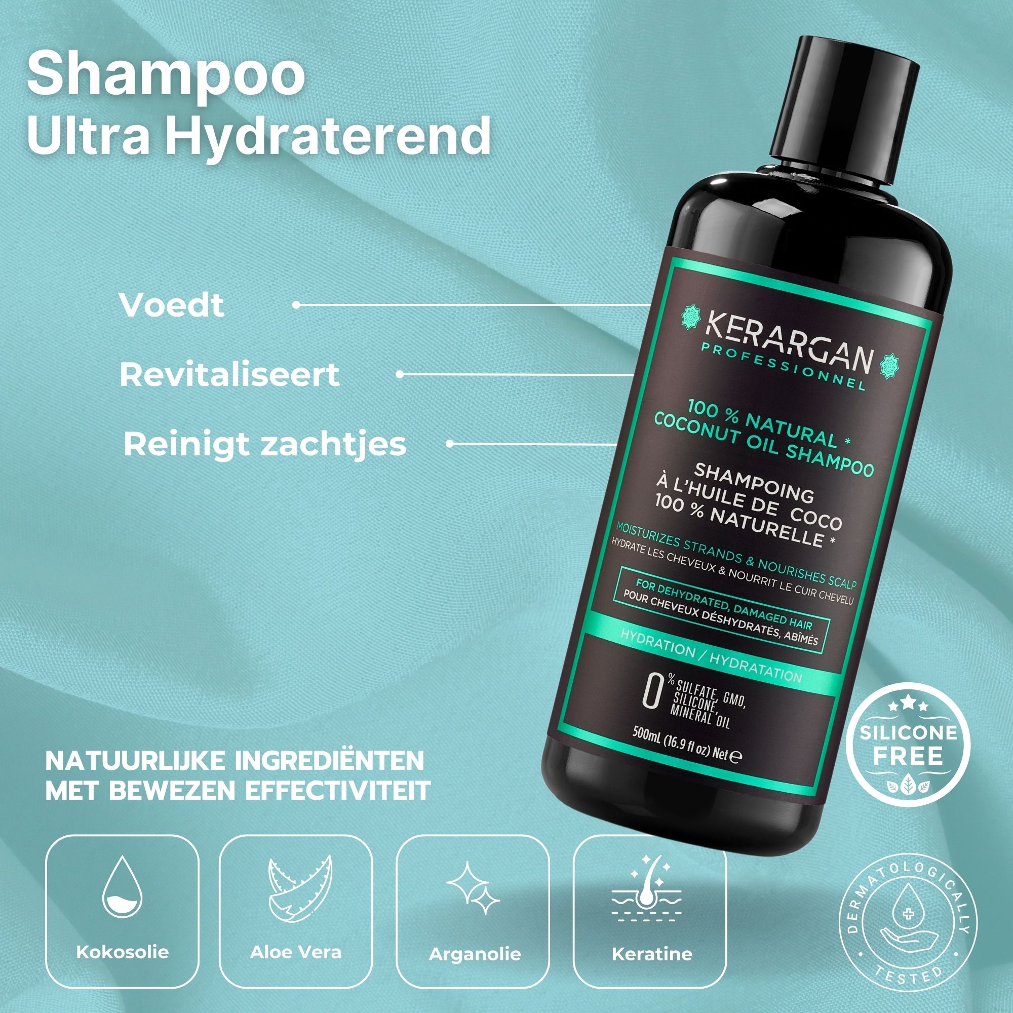 Zwarte fles Kerargan shampoo. Tekst: 100% Natural Coconut Oil. Voor uitgedroogd haar. Siliconenvrij. 500ml.