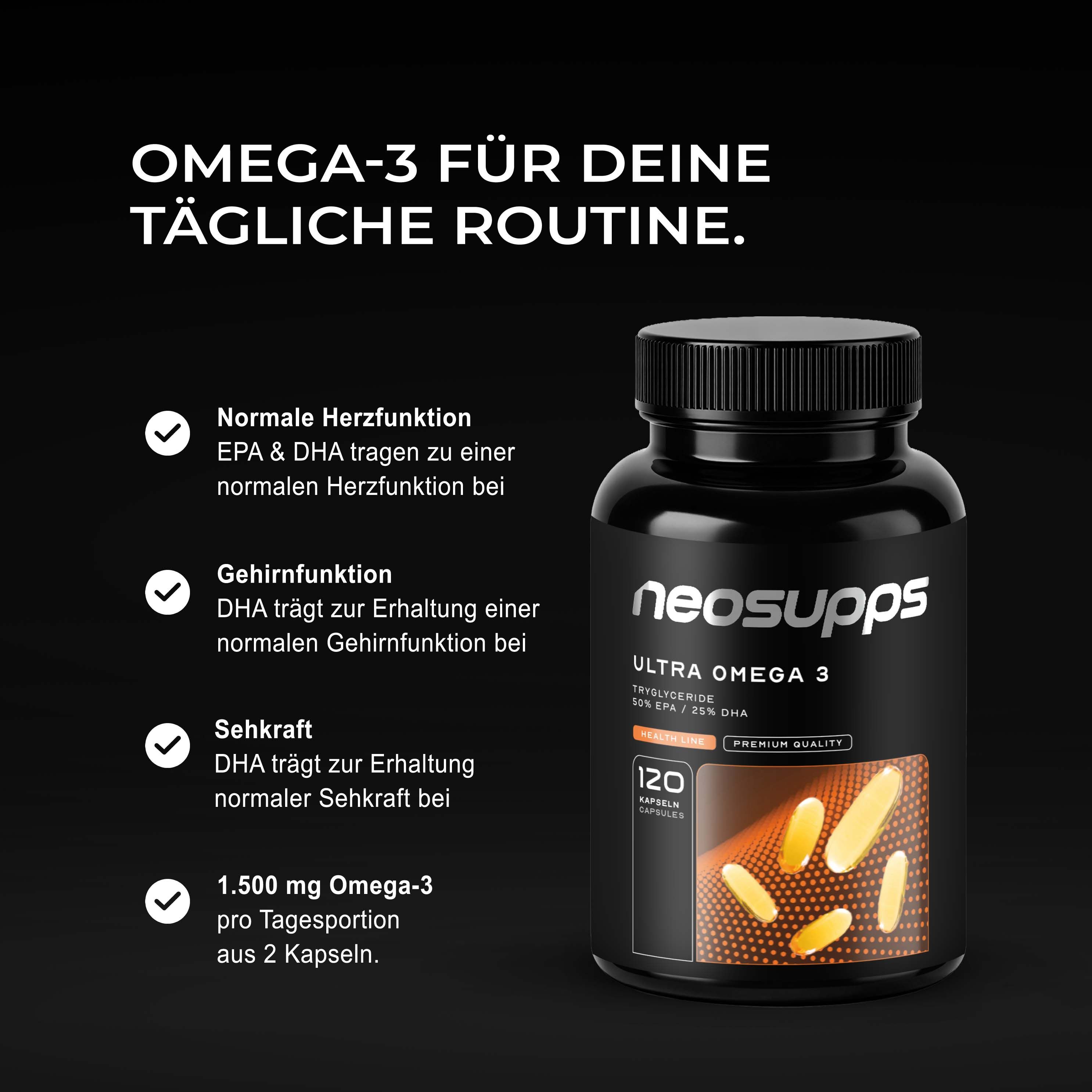 Schwarze Flasche mit Kapseln. Aufschrift: neosupps Ultra Omega 3. Text: EPA & DHA für Herz, Gehirn und Körper. 120 Kapseln.