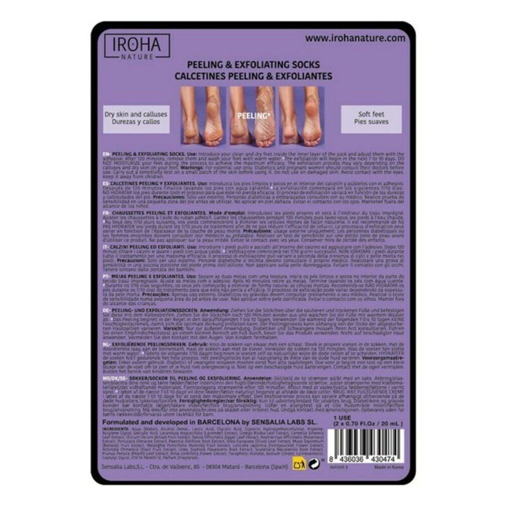 Verpackung mit Fußmaske. Aufdruck: Peeling & Exfoliation, IROHA NATURE, vegan, 1 Paar Socken. Füße mit Socken.