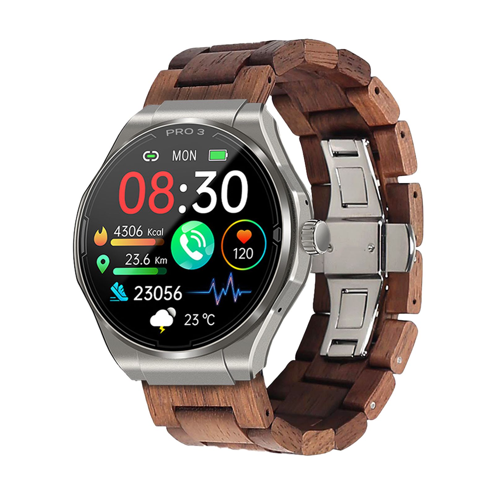 Smartwatch mit rundem Display, silbernem Gehäuse und Holzarmband. Zeigt Uhrzeit, Gesundheitsdaten und Wetter.