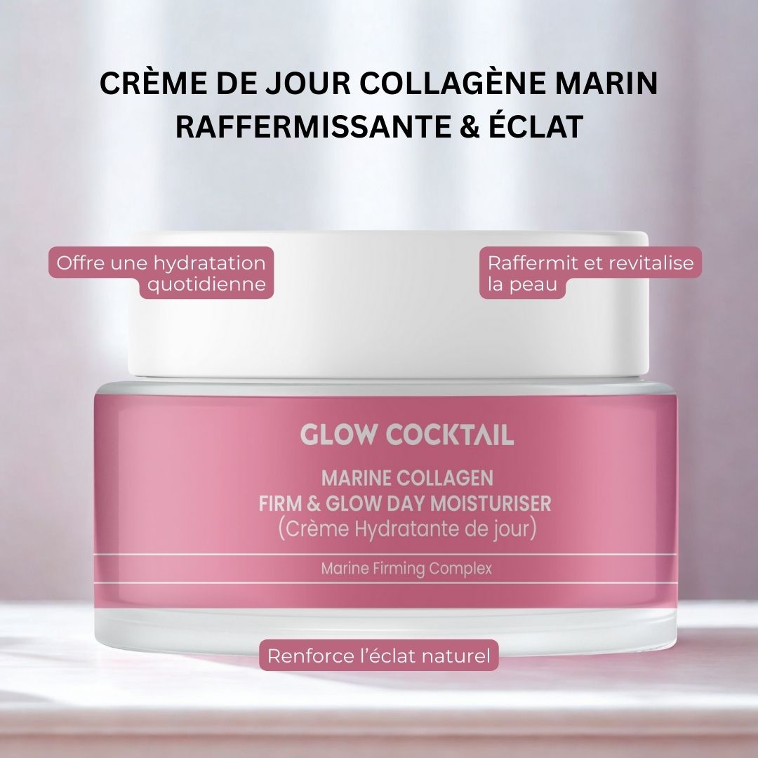 Rosa Tiegel mit weißem Deckel. Aufschrift: GLOW COCKTAIL, MARINE COLLAGEN, FIRM & GLOW DAY MOISTURISER. Text: Crème de jour collagène marin raffermissante & éclat.