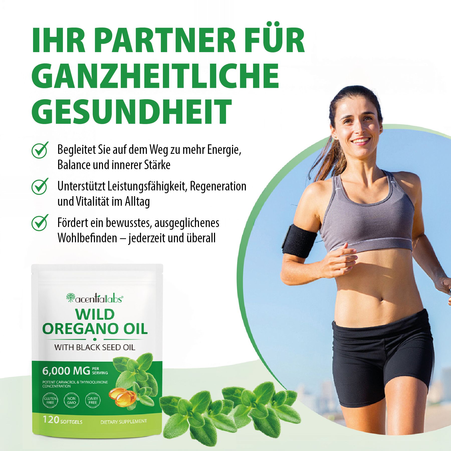 Frau joggt. Beutel mit Softgels. Text: Wild Oregano Oil, 120 Softgels, 6.000 mg. Grün, gelb.