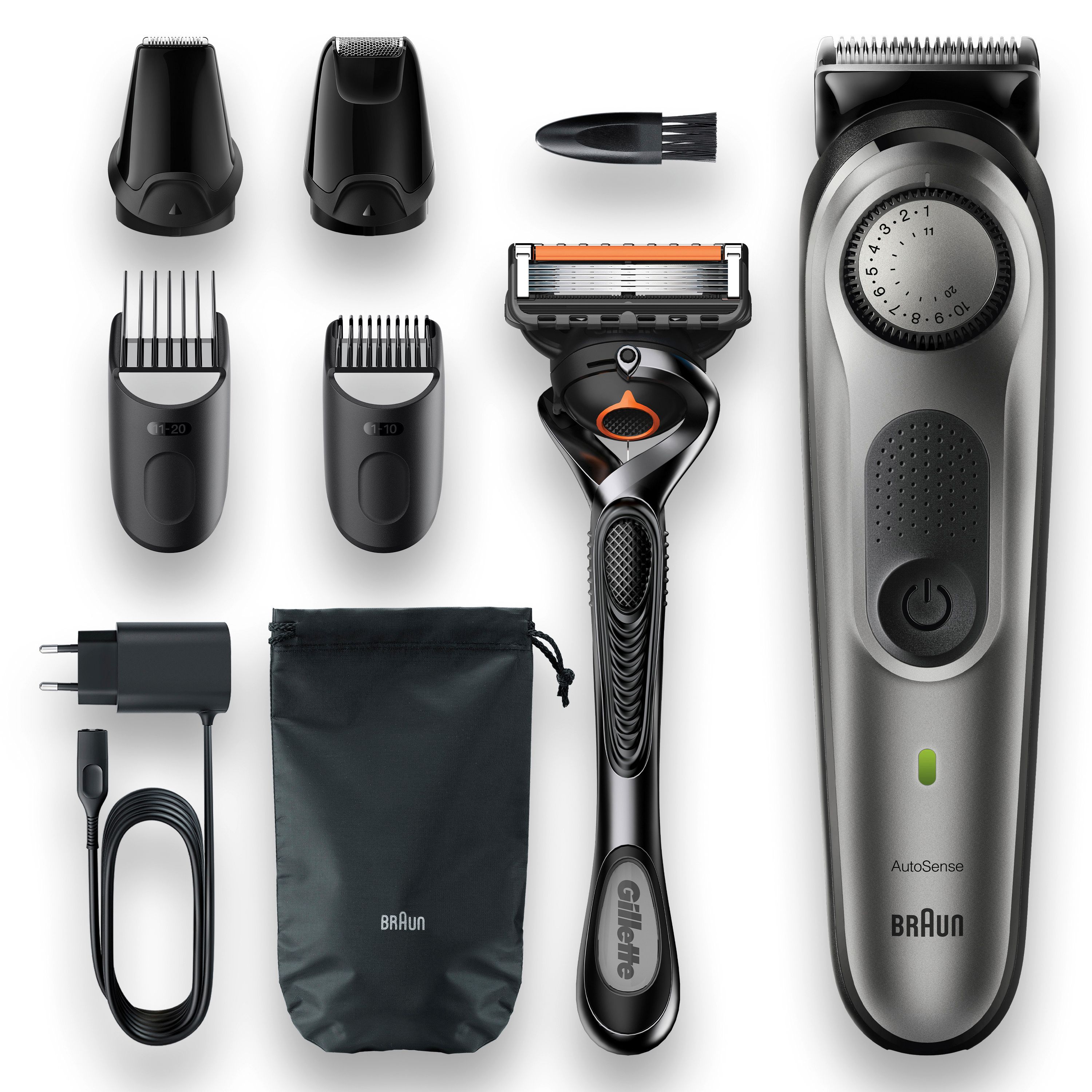 Barttrimmer und Zubehör: Trimmer, Rasierer, Aufsätze, Reinigungsbürste, Ladekabel, Beutel. Silber-schwarz. Braun-Logo.