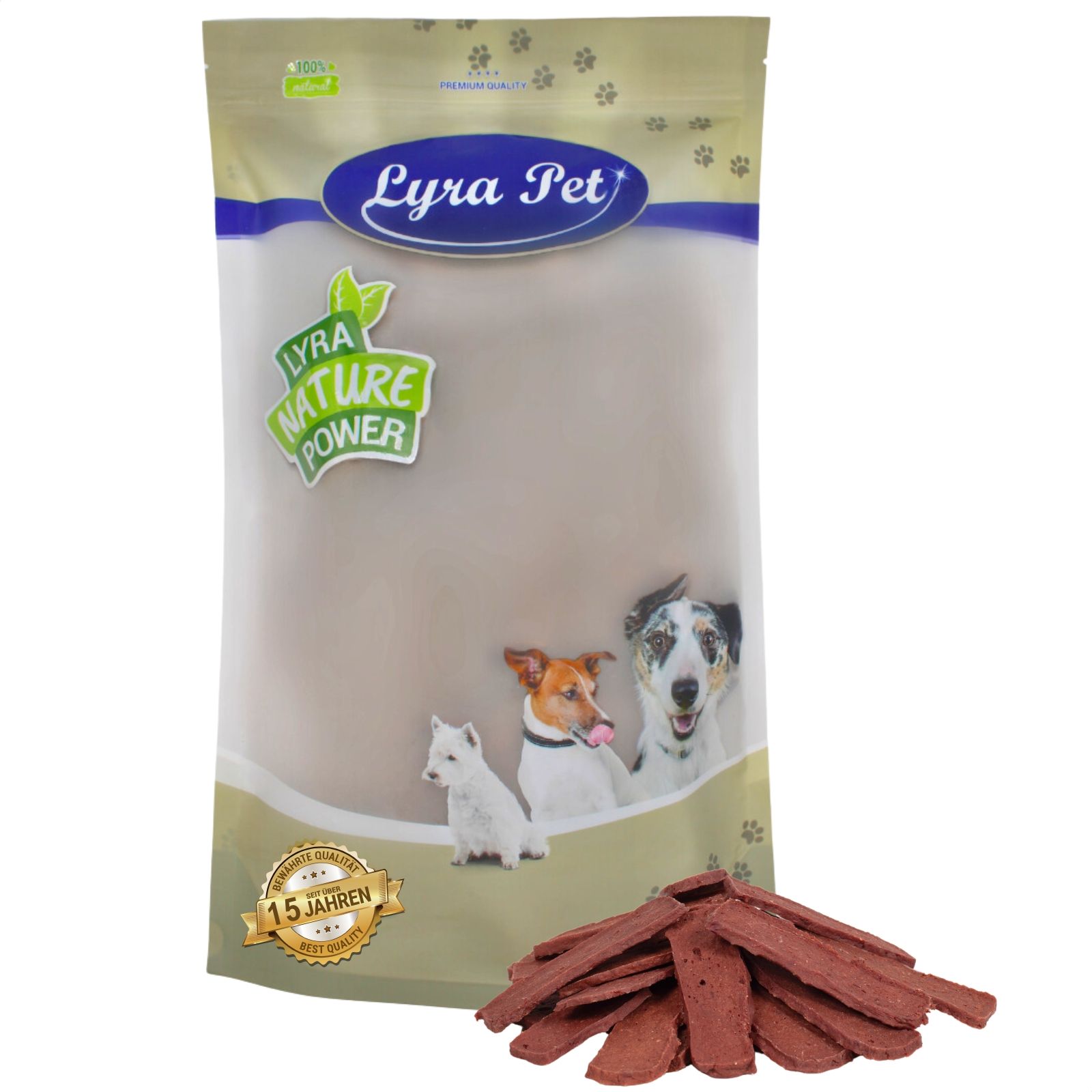 Lyra Pet Hundeleckerli in Beutelverpackung mit drei Hunden und einem Haufen Leckerlis.
