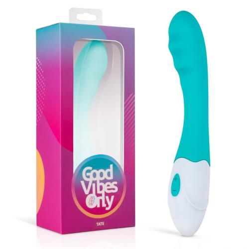 Türkis-weißer Vibrator in Verpackung. Sichtfenster, Markenname "Good Vibes Only".