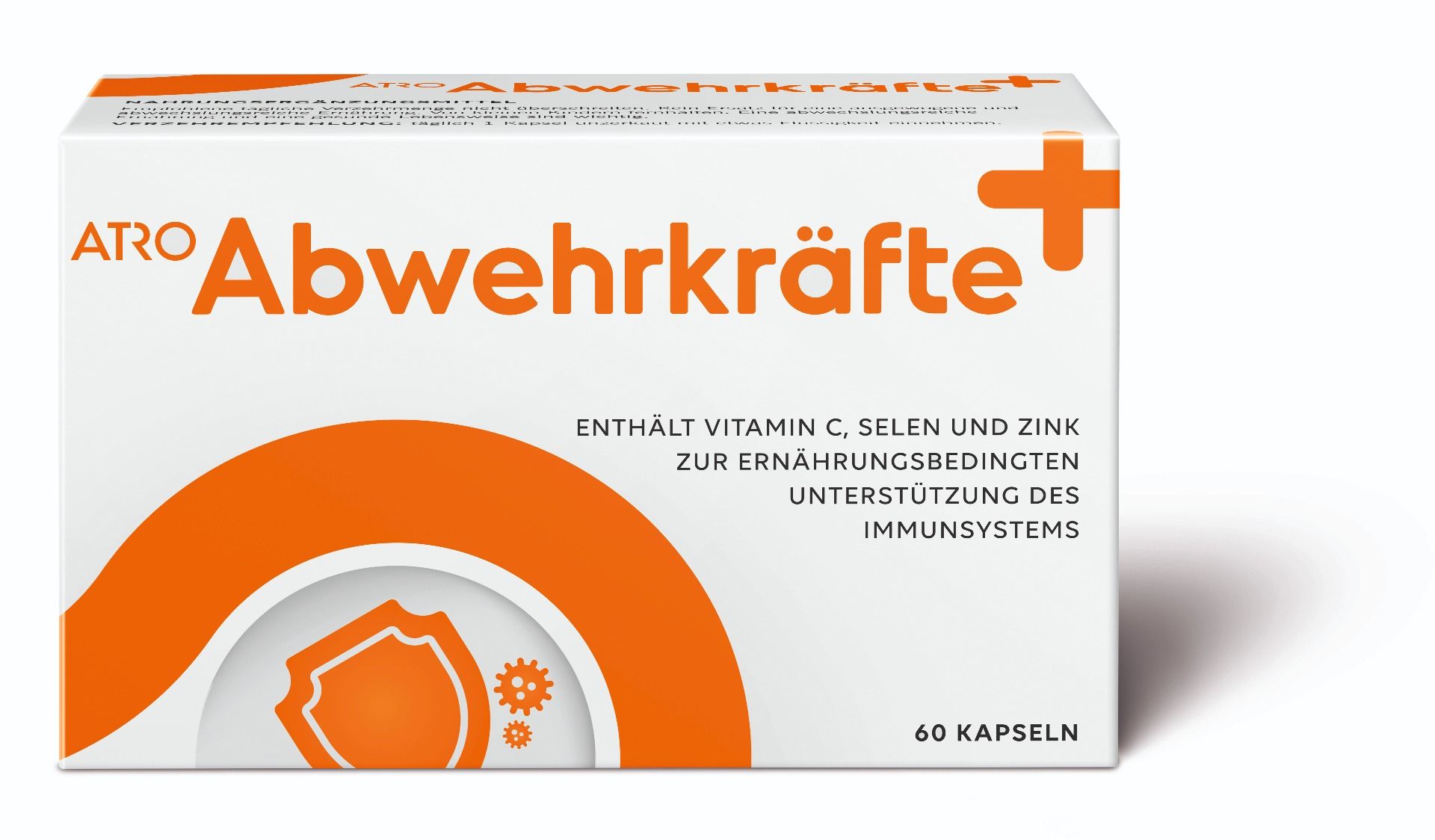 Weiße Schachtel mit orangefarbenem Design. Schriftzug "ATRO Abwehrkräfte". Enthält Vitamin C, Selen und Zink. 60 Kapseln.