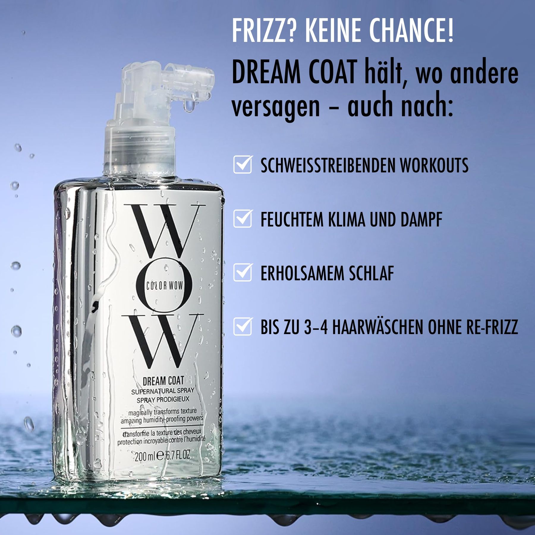 Silberne Sprühflasche mit Produktnamen und Logo. Text: Anti-Frizz, hält auch nach Workouts, Klima und Schlaf. 200ml.