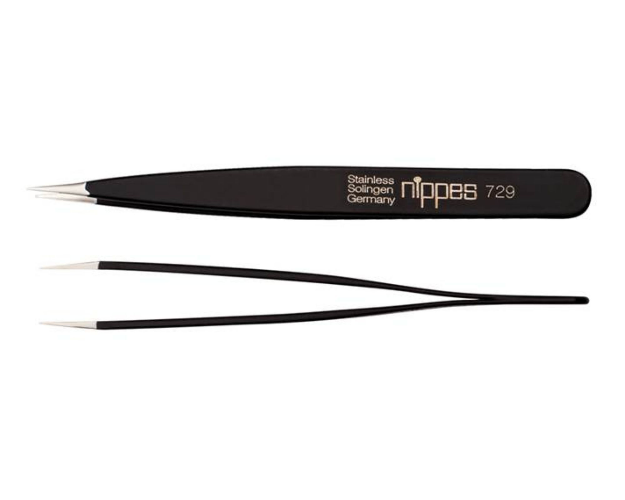 Schwarze Pinzette mit spitzer Spitze. Aufschrift: nippes 729, Stainless Solingen Germany. Rostfreies Material.