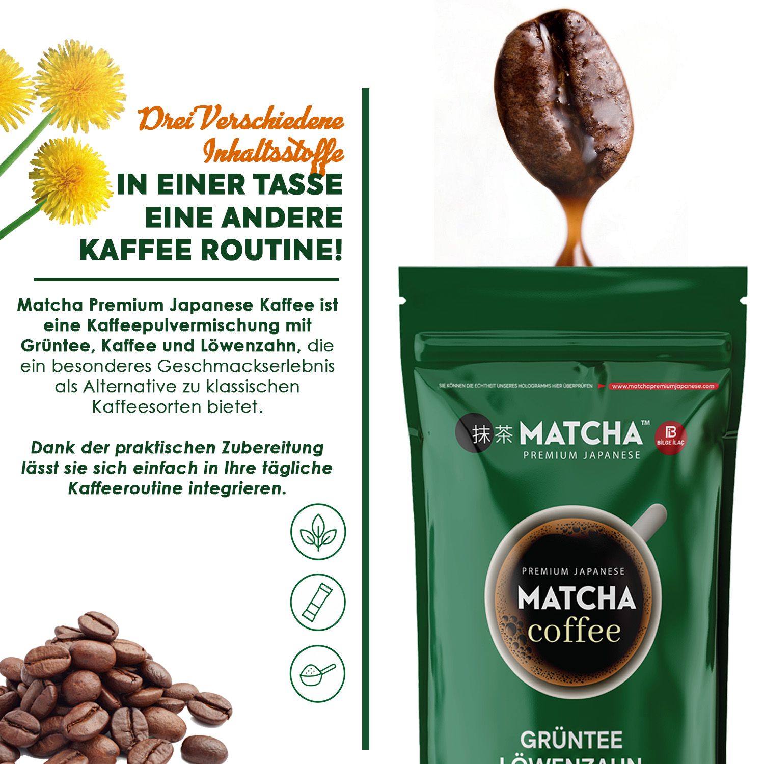 Premium Japanese Matcha Kaffee mit Grüntee & Löwenzahn