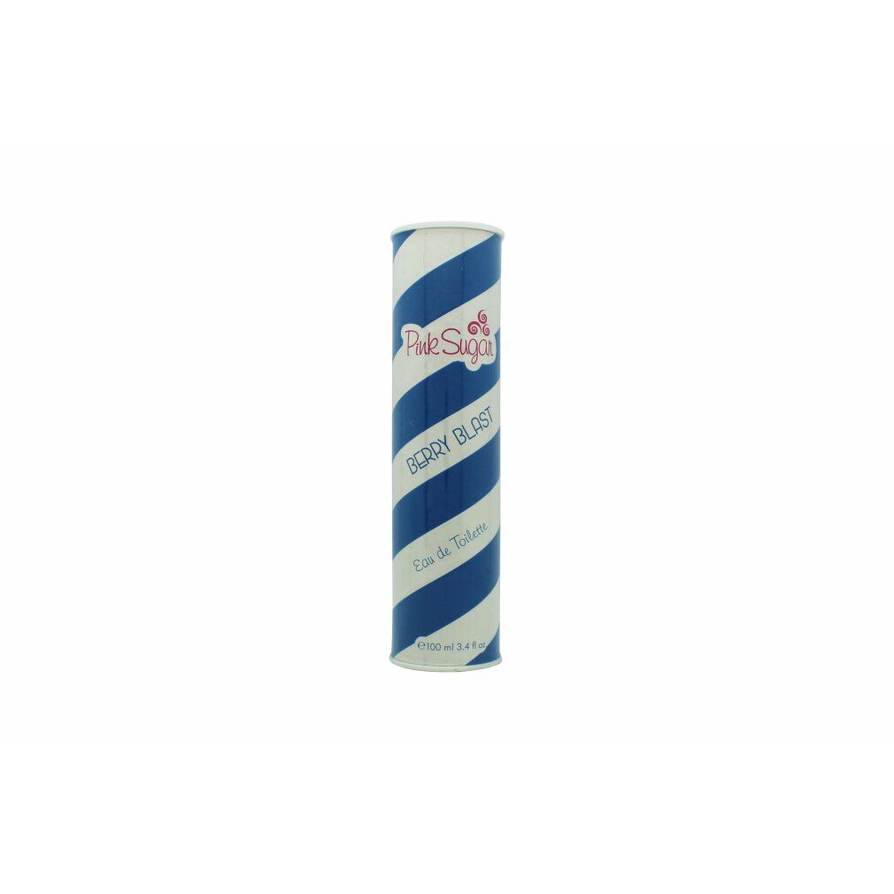 Confezione cilindrica a strisce blu e bianche. Scritta: Pink Sugar Berry Blast Eau de Toilette.