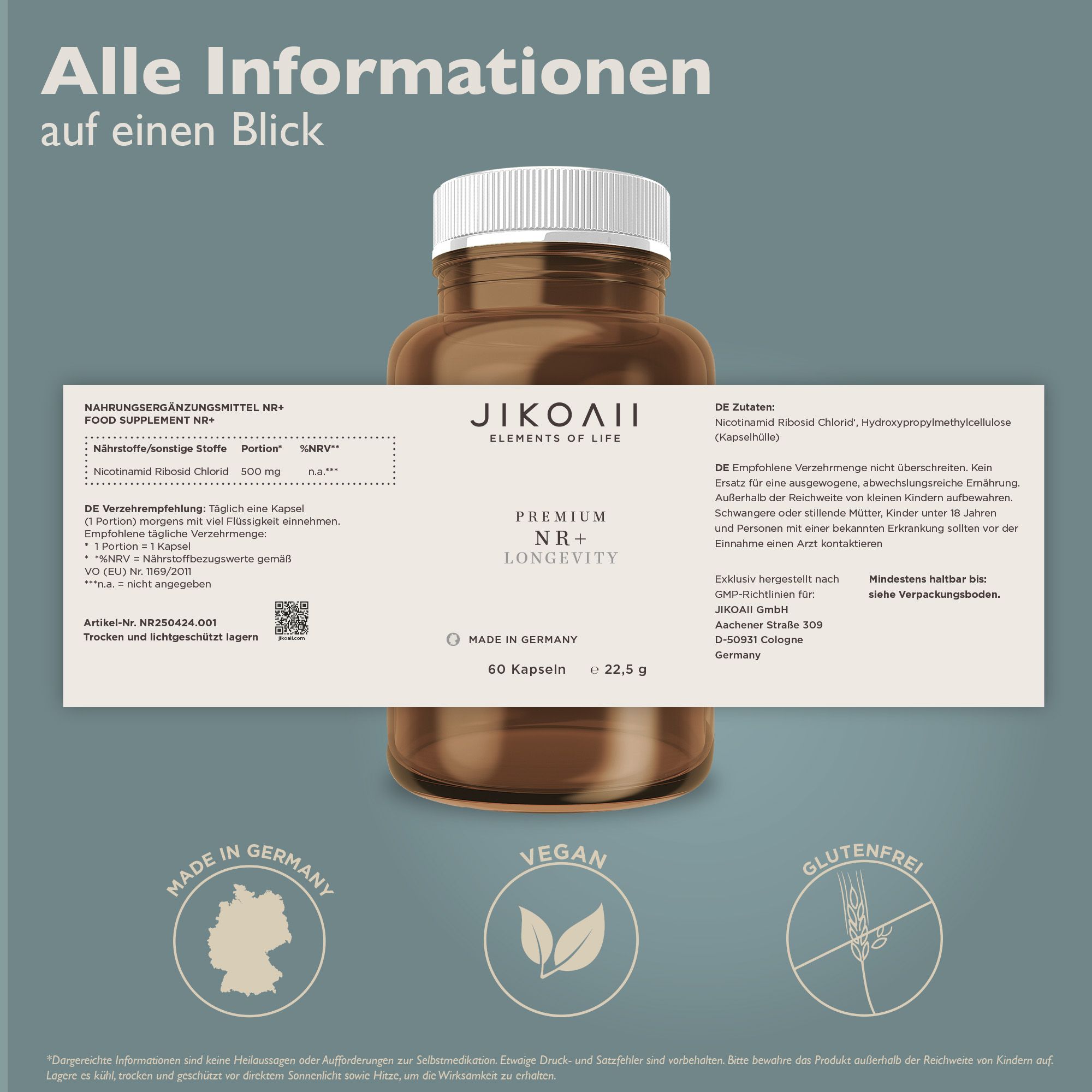 Braune Flasche mit Kapseln. Text: JIKOAII, Premium NR+, 60 Kapseln, 22,5 g. Text auf Etikett. Vegan, glutenfrei, Made in Germany. Nährwertangaben.
