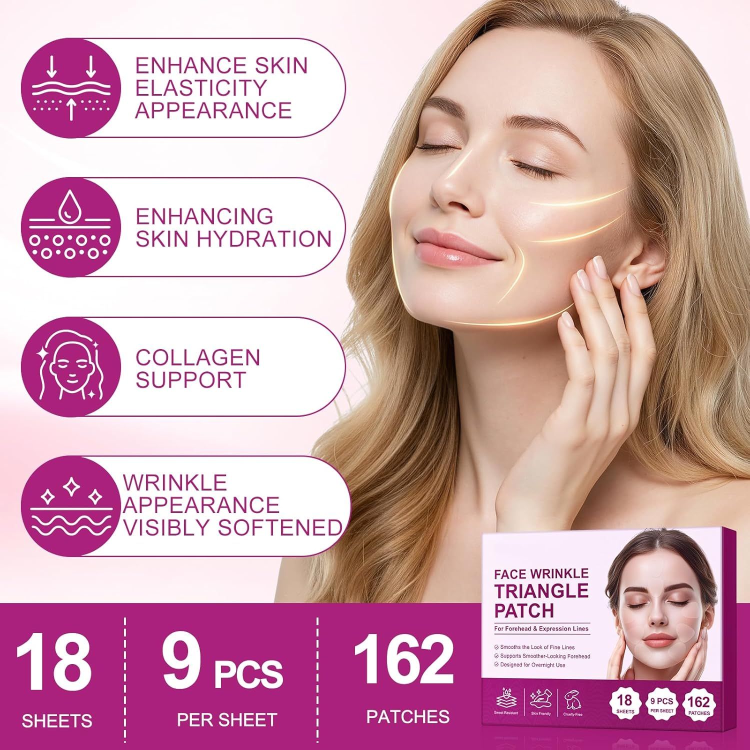 Frau mit Falten-Pads. Text: Enhance skin elasticity appearance, Enhancing skin hydration, Collagen support, Wrinkle appearance visibly softened.