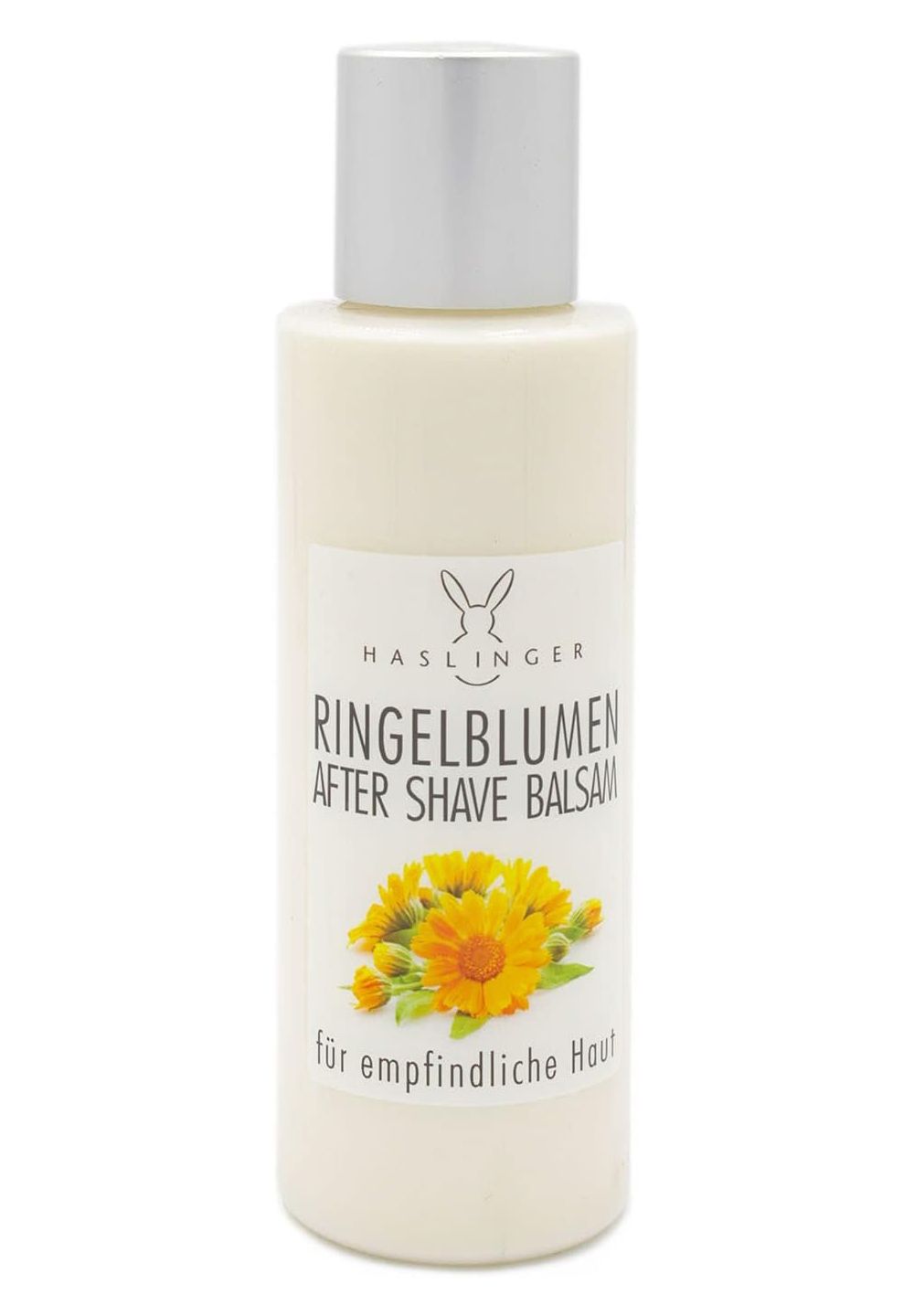 Beige Flasche mit silbernem Deckel. Etikett mit Text: Ringelblumen After Shave Balsam. Illustration von Ringelblumen.