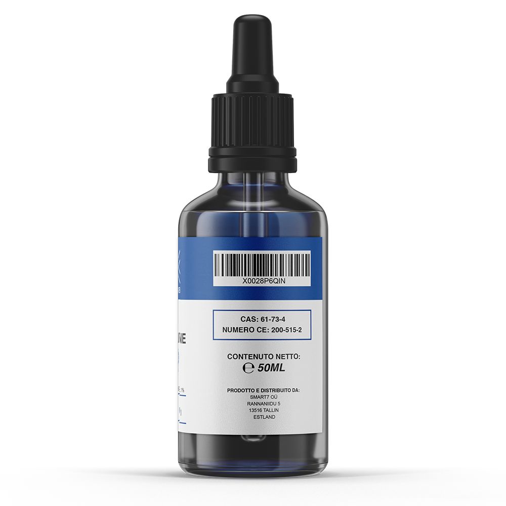 Flacone di vetro marrone con fascia blu e contagocce nero. Scritta: Numero CAS, Numero CE, quantità netta e 50ml.