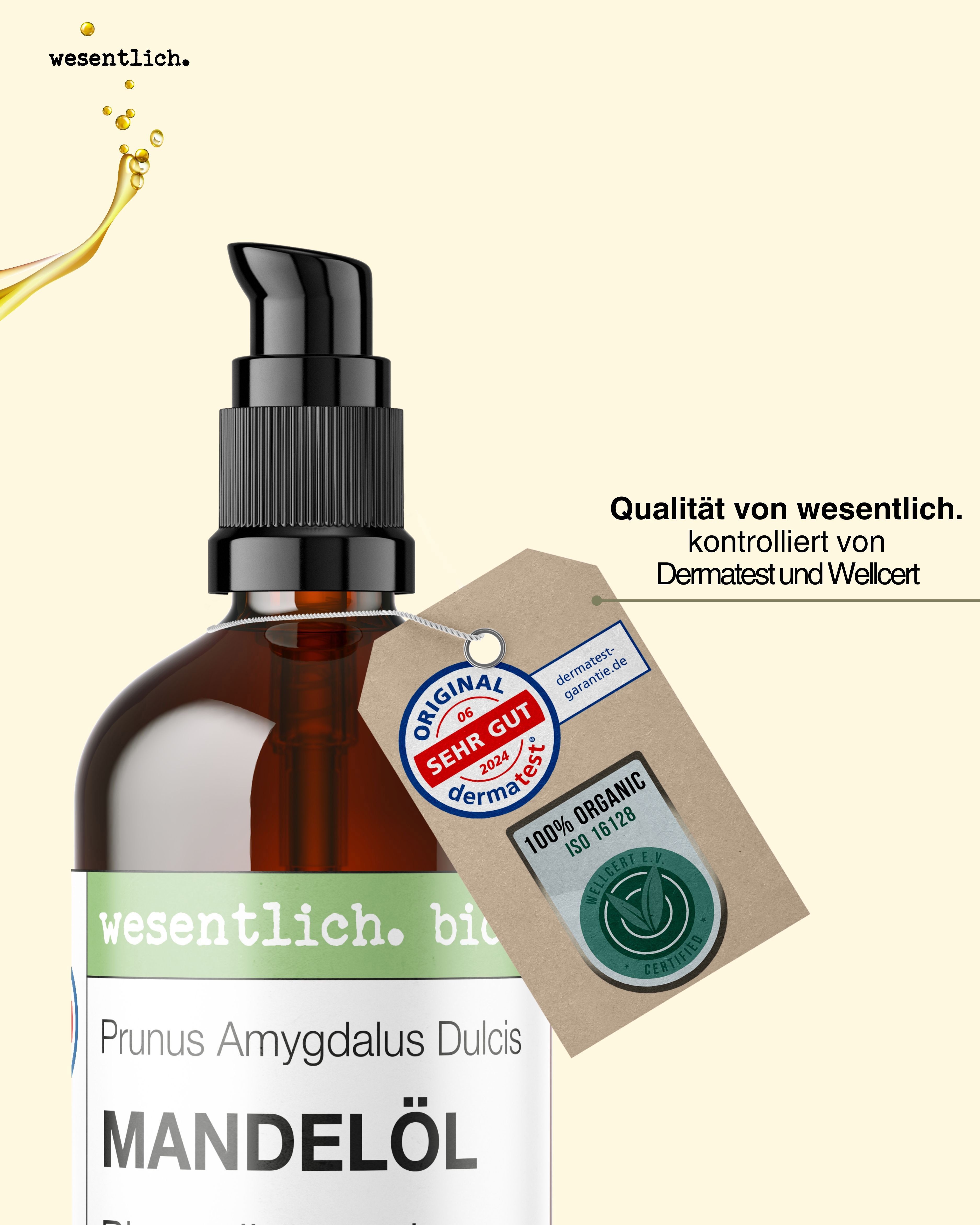 Braunglasflasche mit Mandelöl, Label mit Produktinformationen und Zertifizierungen. Text: Qualität von wesentlich, kontrolliert von Dermatest.