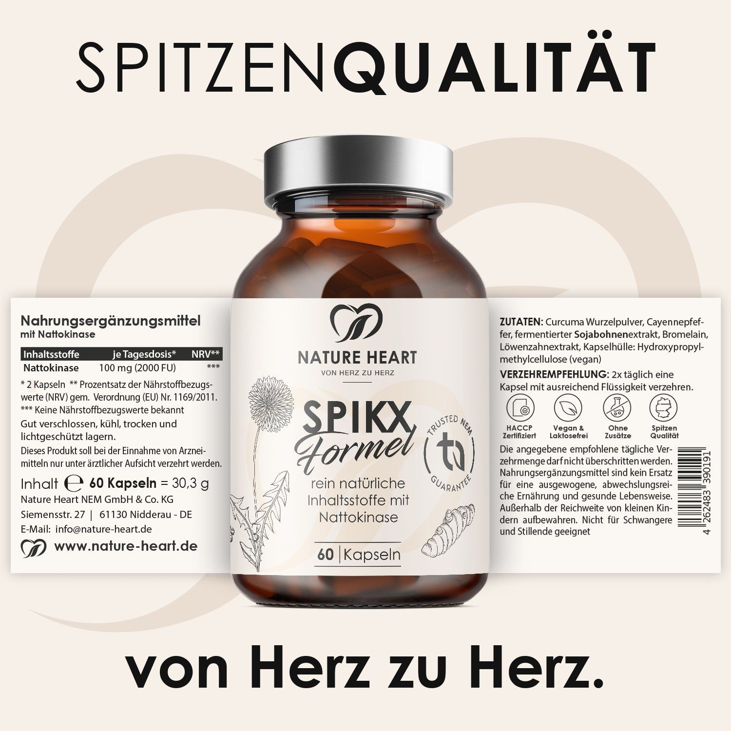 Produktfoto mit Flasche und Etikett. Text: SpikX Formel, 60 Kapseln, Nature Heart Logo, Inhaltsstoffe, Nattokinase, TÜV-Siegel, 60 Kapseln.