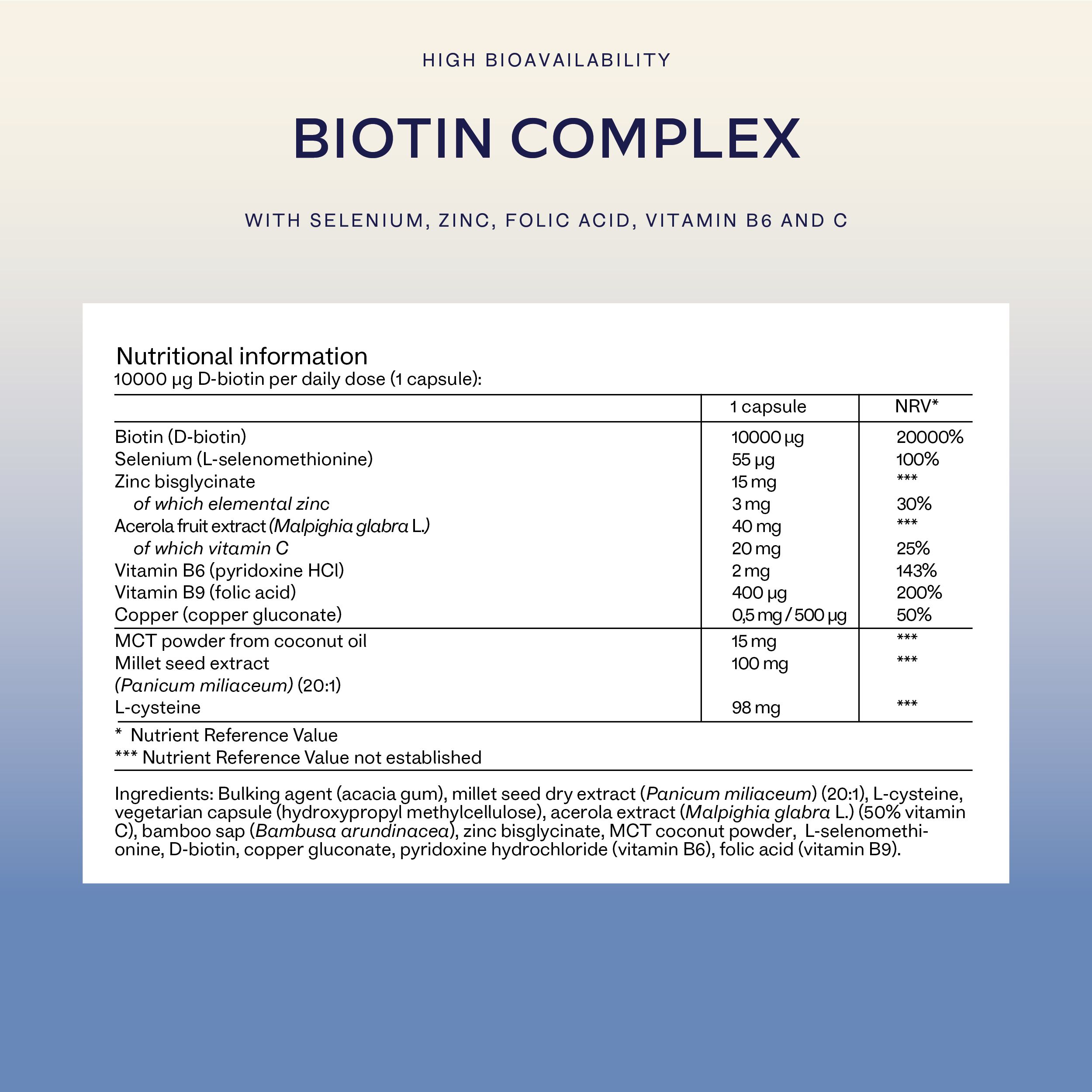 Nährwerttabelle. Enthält Informationen zu Biotin, Selen, Zink, Folsäure, Vitamin B6, C. Enthält 180 Kapseln.