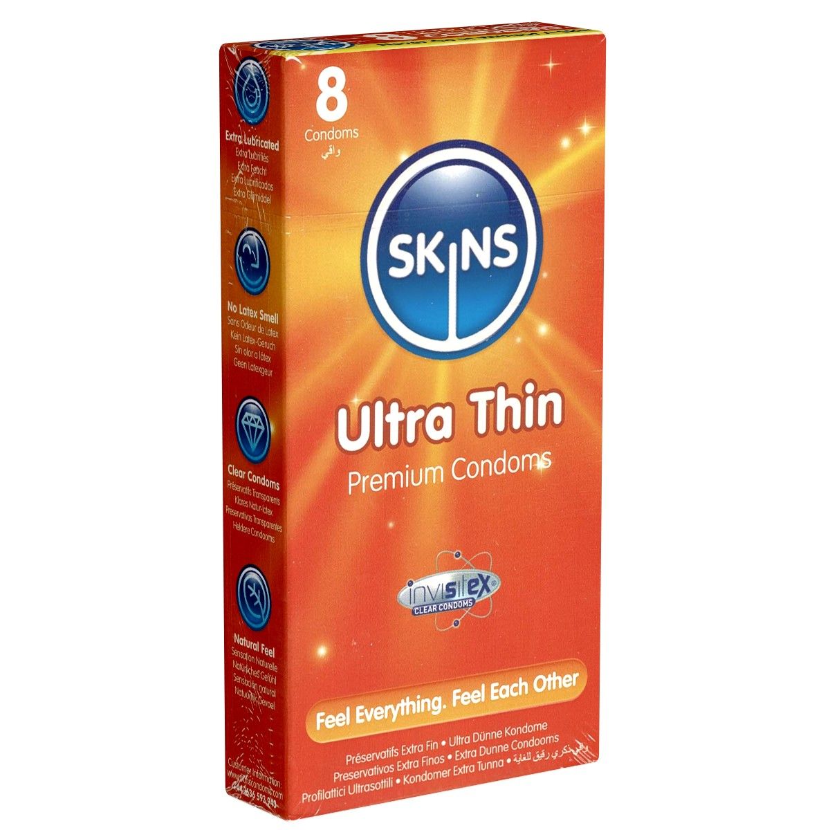 Verpackung mit Kondomen. Aufschrift: SKINS Ultra Thin, 8 Kondome. Orangefarbener Hintergrund mit Produktinformationen und Logo.