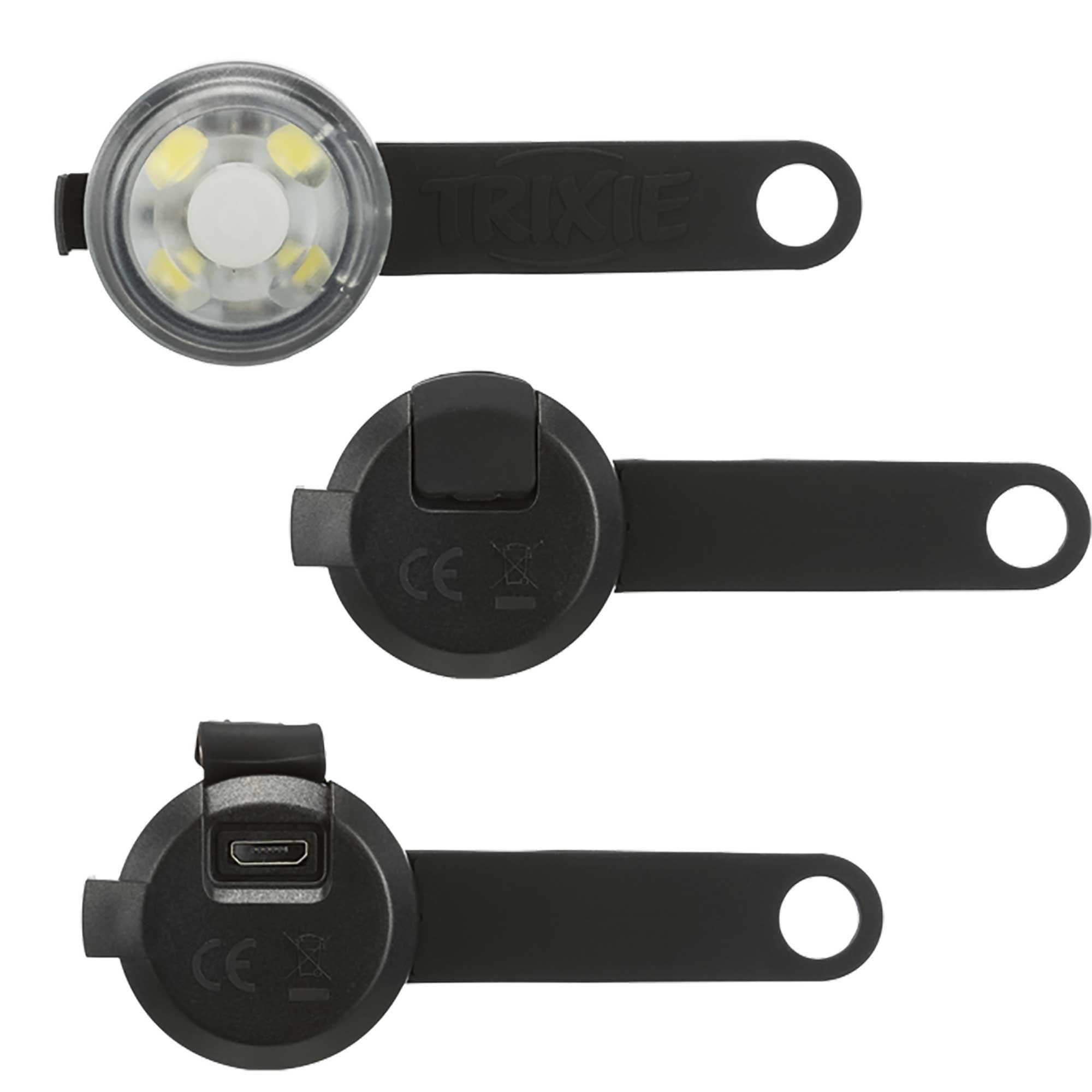 Drei Ansichten eines schwarzen LED-Blinklichts. Oben: Vorderseite. Mitte: Rückseite mit CE-Zeichen. Unten: Rückseite mit USB-Anschluss und CE-Zeichen.