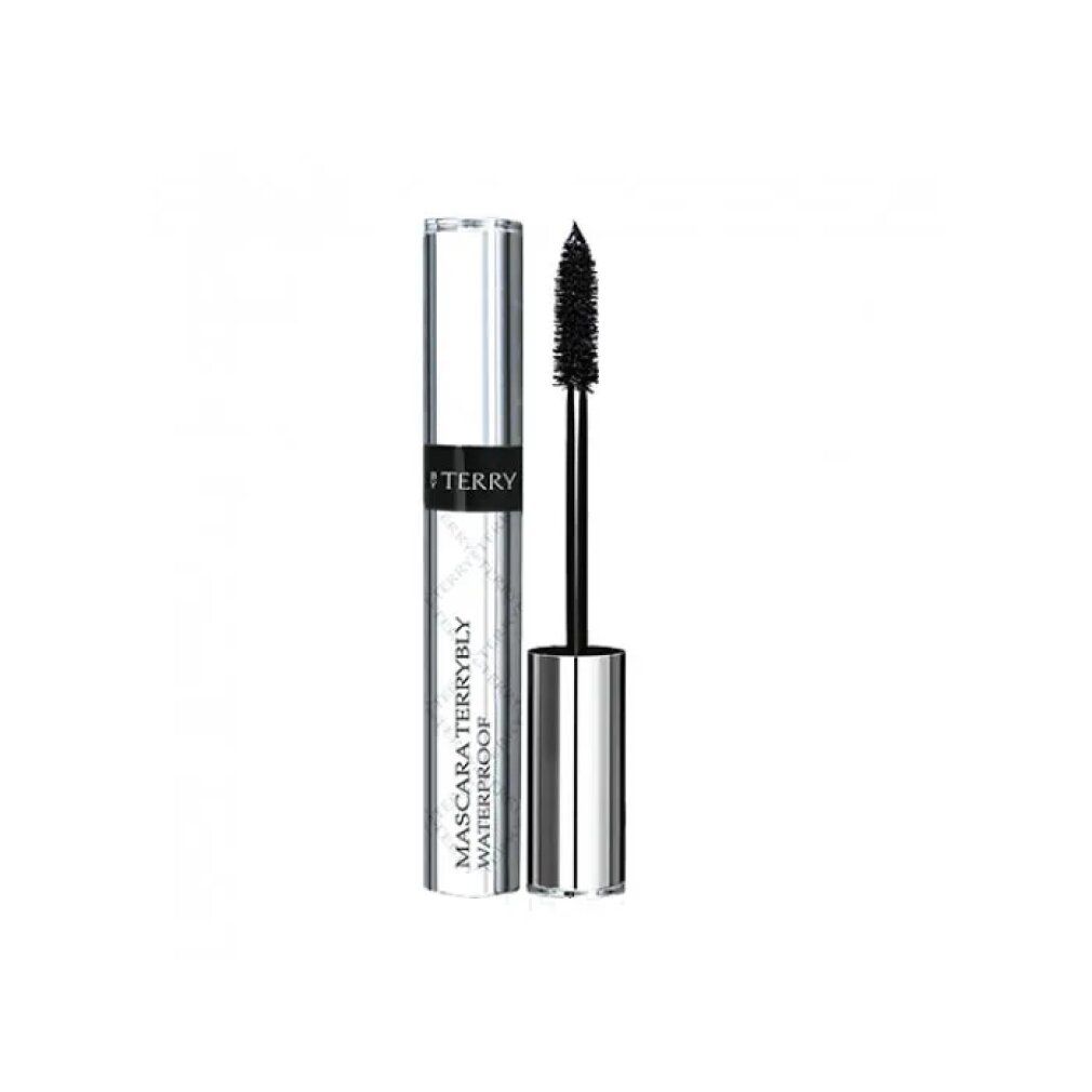 Schwarze Mascara mit Bürste und silberner Hülse. Aufschrift: TERRY, TERRYBLY WATERPROOF.