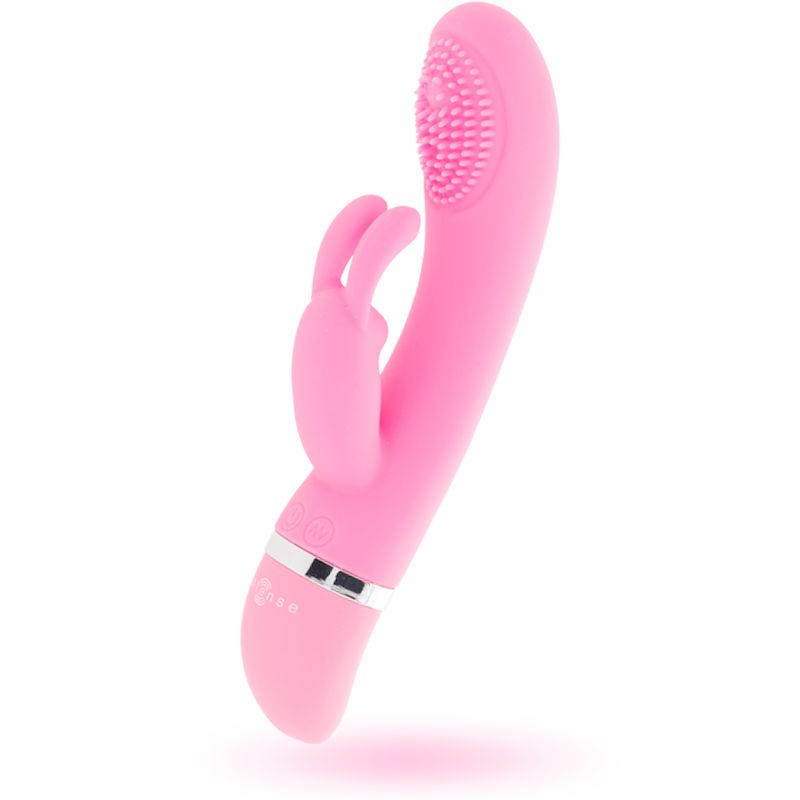 Pinkfarbener Vibrator mit Hasenohren-Design. Oberteil mit Noppen, unterer Teil mit silbernem Ring.