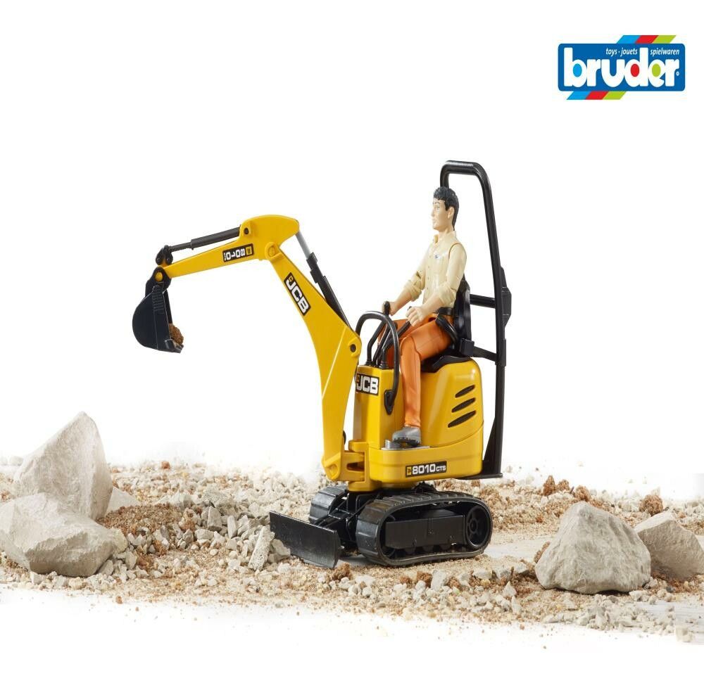 Gelber Mikrobagger mit Fahrer auf Steinen. Schwarze Raupen, Ausleger und Schaufel. Logo Bruder. JCB.