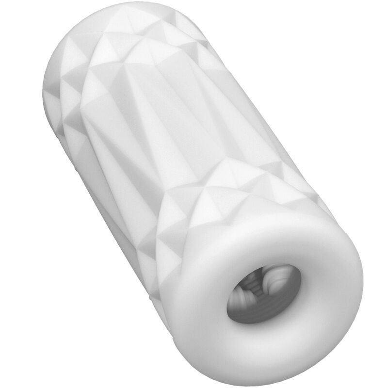 Weißer Masturbator mit rautenförmiger Oberfläche und Öffnung.