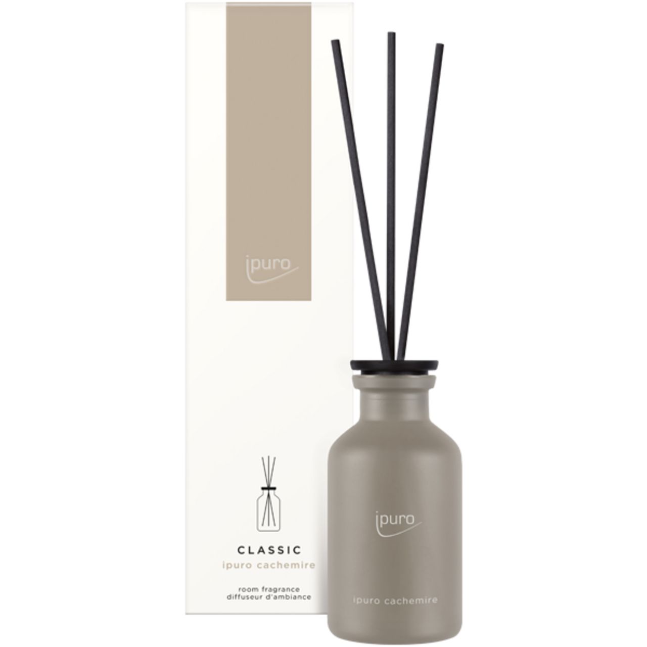 Graue Duftflasche mit schwarzen Stäbchen und Verpackung. Aufschrift: Ipuro Classic Cachemire.