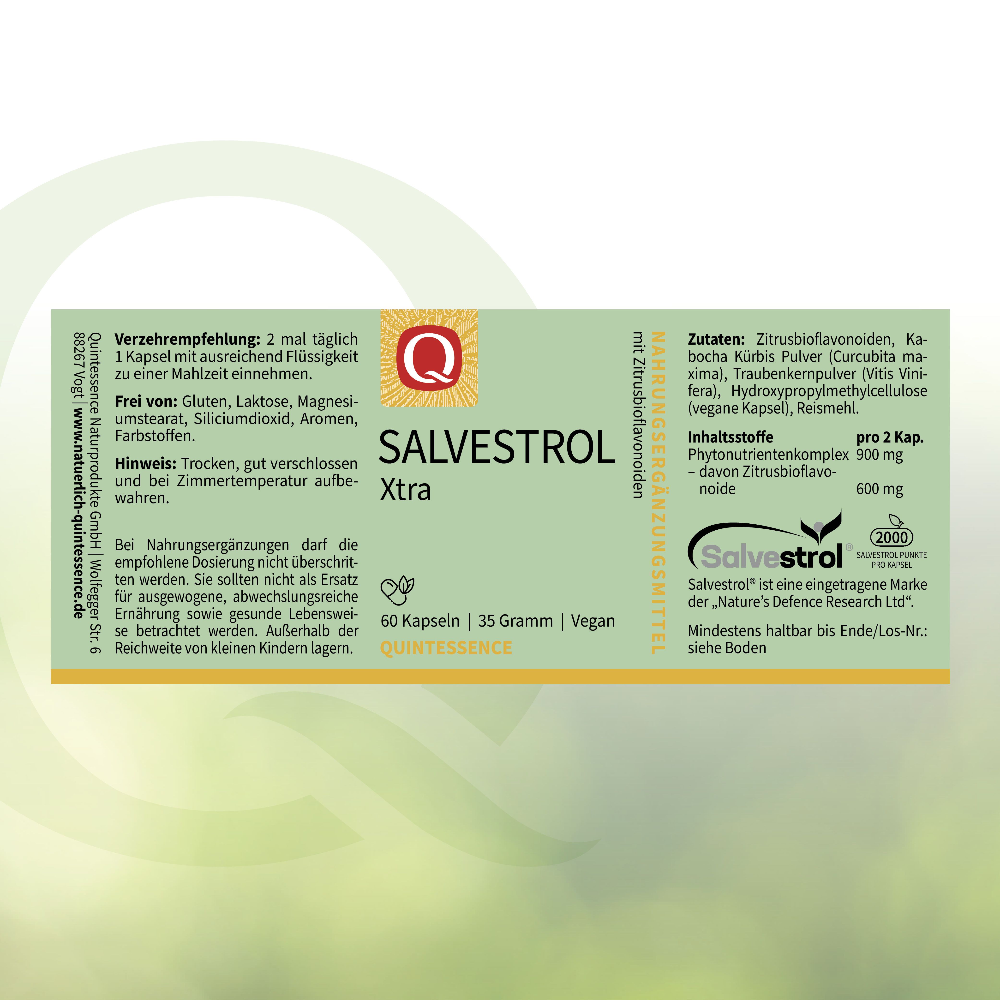 Produktverpackung mit Produktname Salvestrol Xtra, Logo und Inhaltsangaben. Enthält 60 Kapseln.