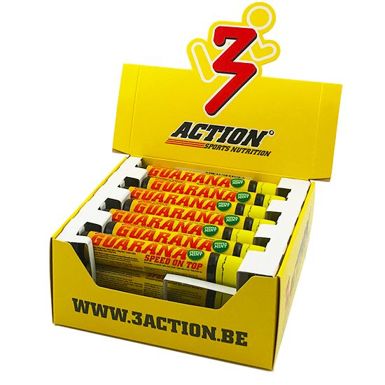 Geöffnete gelbe Box mit mehreren Guarana-Ampullen. Aufschrift: 3Action, Guarana, Speed on Top. Logo mit Läufer.