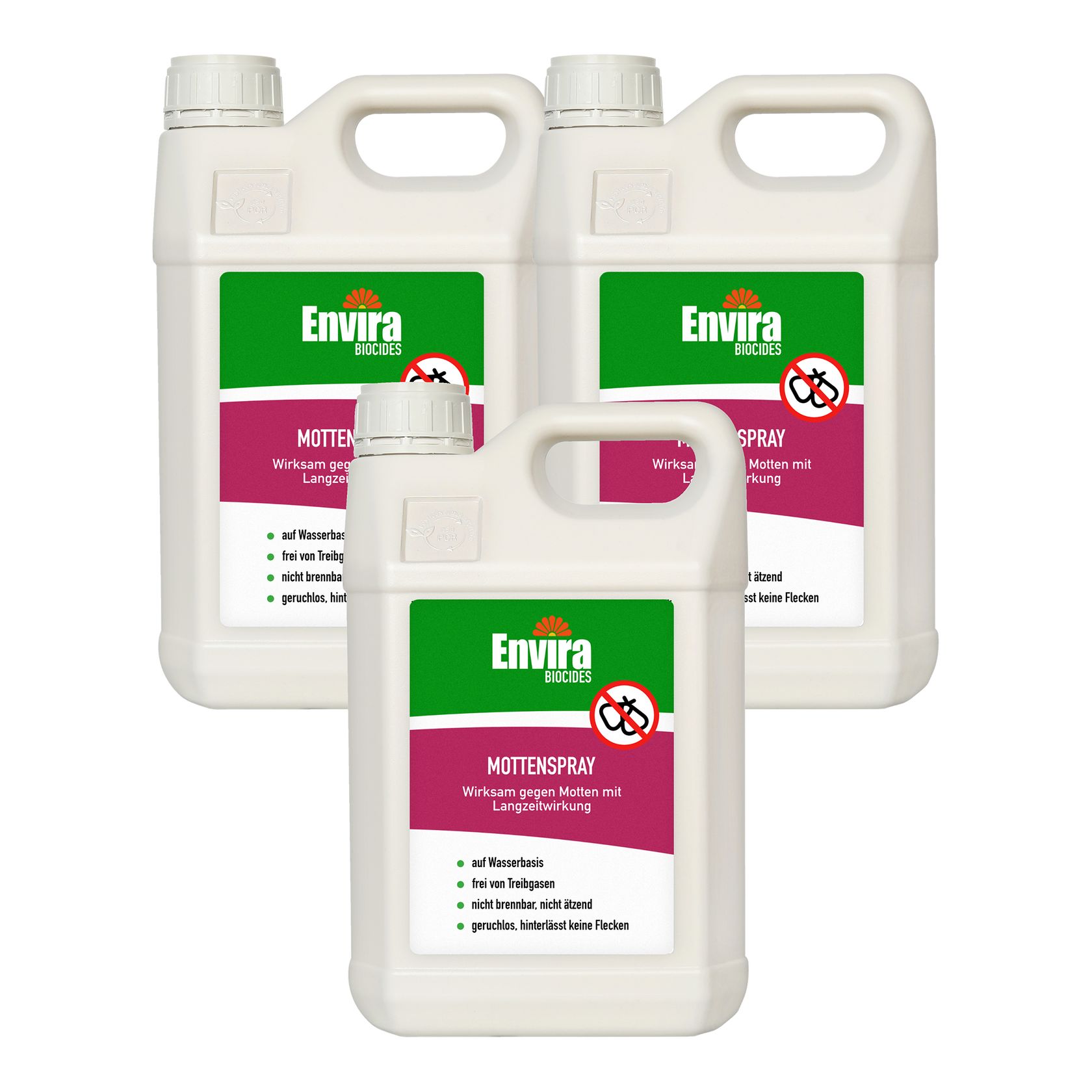 Drei weiße Kanister mit grün-roten Etiketten. Aufschrift: Envira Mottenspray. Mit Griff und Schraubverschluss.