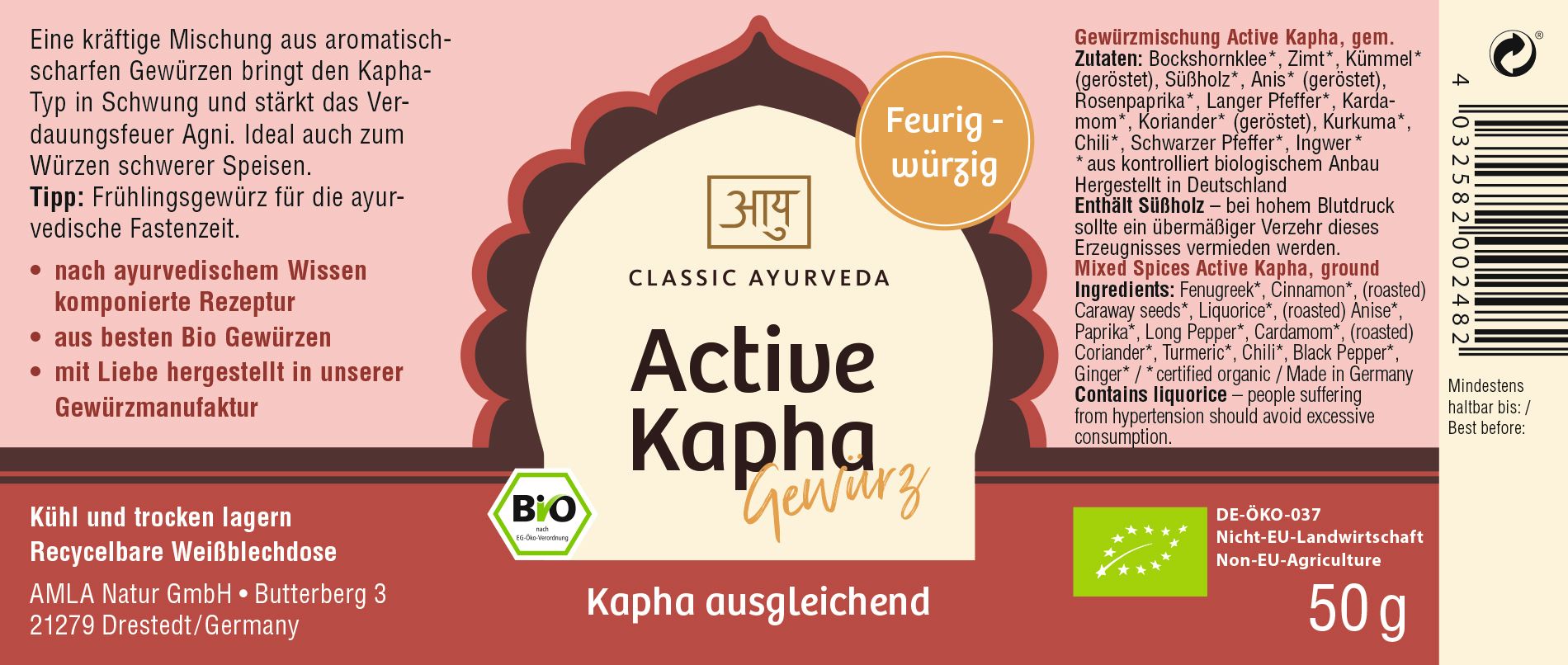 Dose mit Etikett. Aufschrift: Classic Ayurveda Active Kapha Gewürz. Bio-Siegel. Text: Kapha ausgeglichen. Hintergrund: rot.