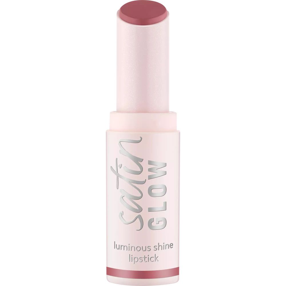 Lippenstift in rosa Hülse. Aufschrift: Satin Glow, luminous shine lipstick.