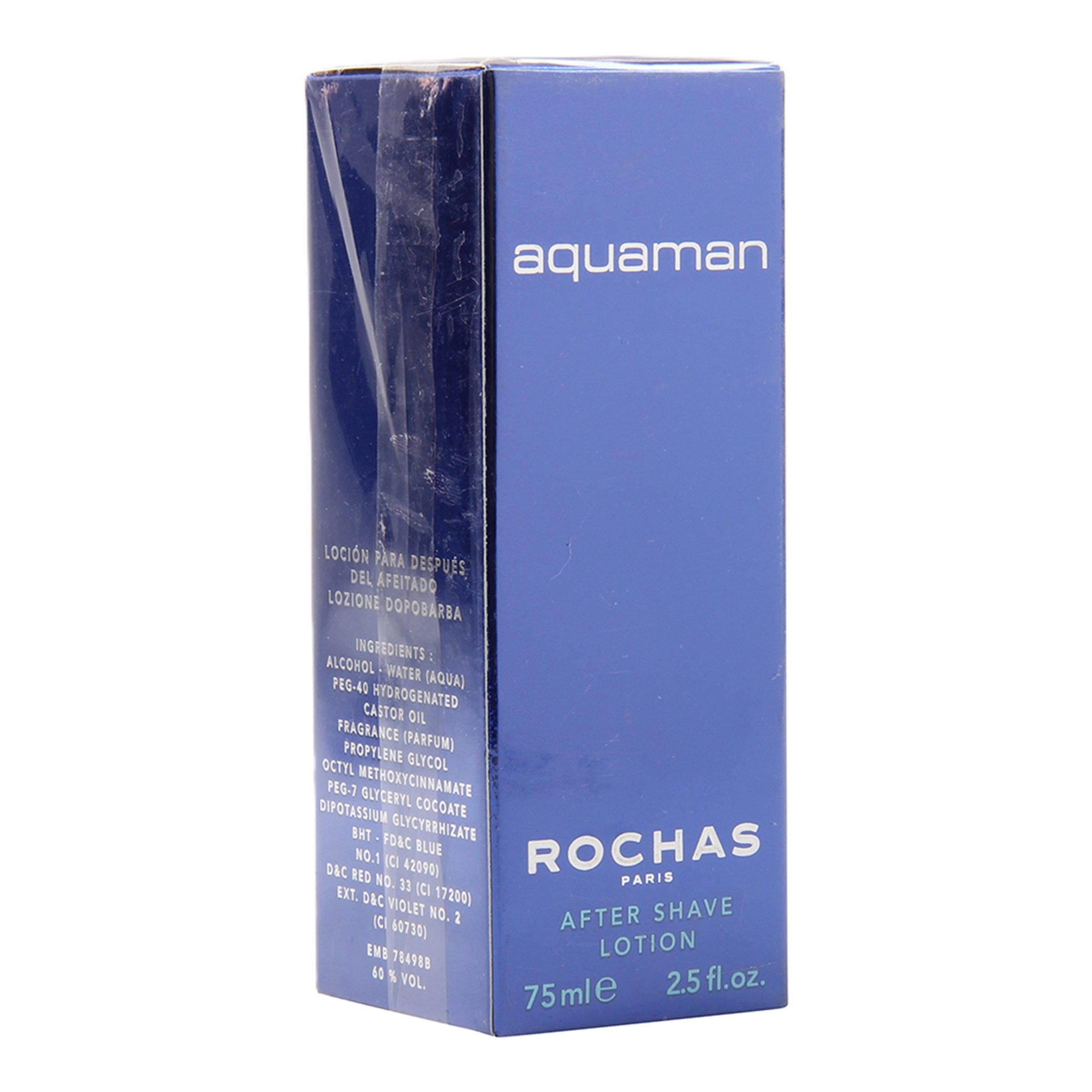 Blaue rechteckige Schachtel. Aufschrift "aquaman" und "ROCHAS PARIS AFTER SHAVE LOTION". Volumen: 75 ml / 2.5 fl.oz. Inhaltsstoffe aufgedruckt.