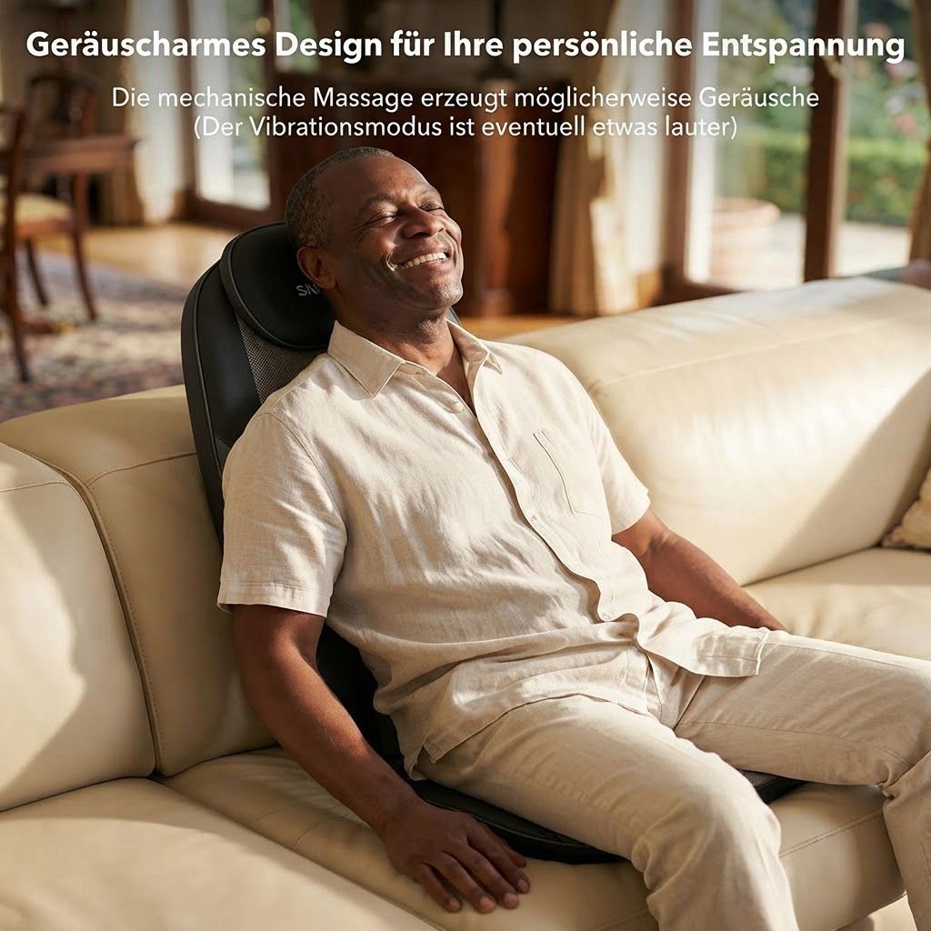 Nackenmassagegerät mit rotem Licht, Bedienelementen und Ladeanzeige.