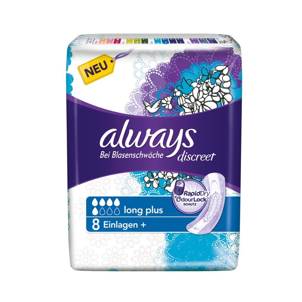 Verpackung von Always Discreet Long Plus. Enthält 8 Einlagen. Mit "Neu"-Etikett.