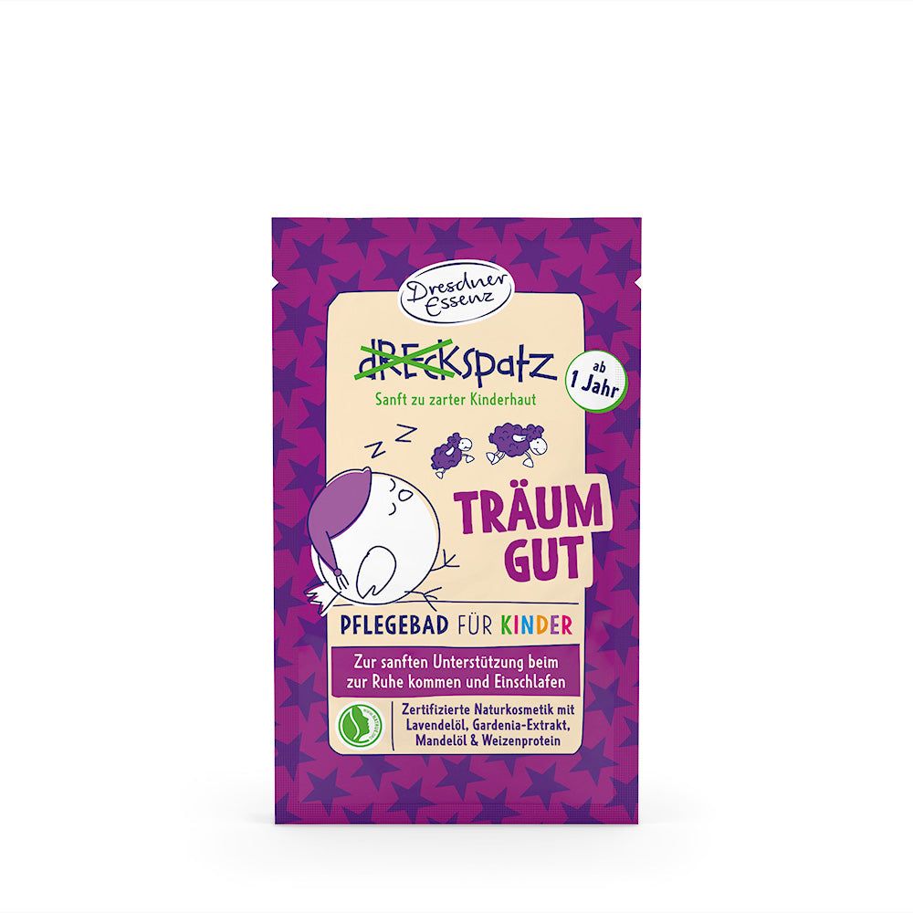 Sachet de bain pour enfants. Étoiles violettes, texte: Pflegebad für Kinder, à partir de 1 an. Logo: Dresdner Essenz.