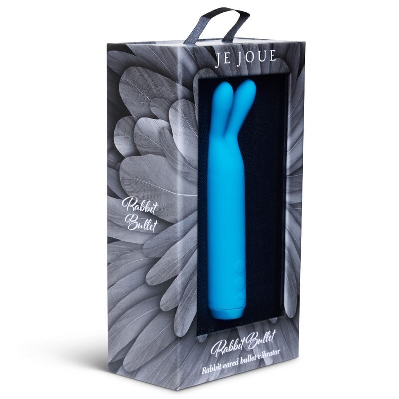 Vorderseite der Verpackung eines blauen Vibrators mit Hasenohren. Marke: Je Joue. Text: Rabbit Bullet.