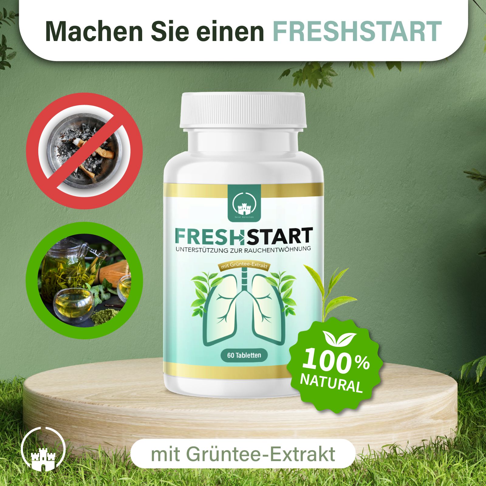 Produktpräsentation. Weiße Flasche mit FRESHSTART. Logos: Nicht rauchen, Grüntee-Extrakt, 100% natürlich. Auf Podest, Gras.