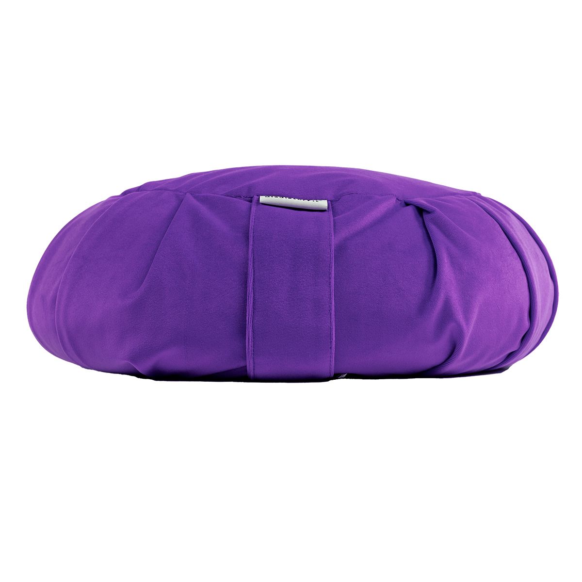 Violettes Meditationskissen, seitliche Ansicht. Mit Falten und Trageschlaufe. Label "GladiatorFit".