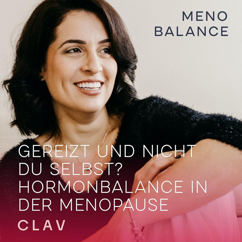 Frau lächelt. Text: Gereizt und nicht du selbst? Hormonbalance in der Menopause. Clav Meno Balance.