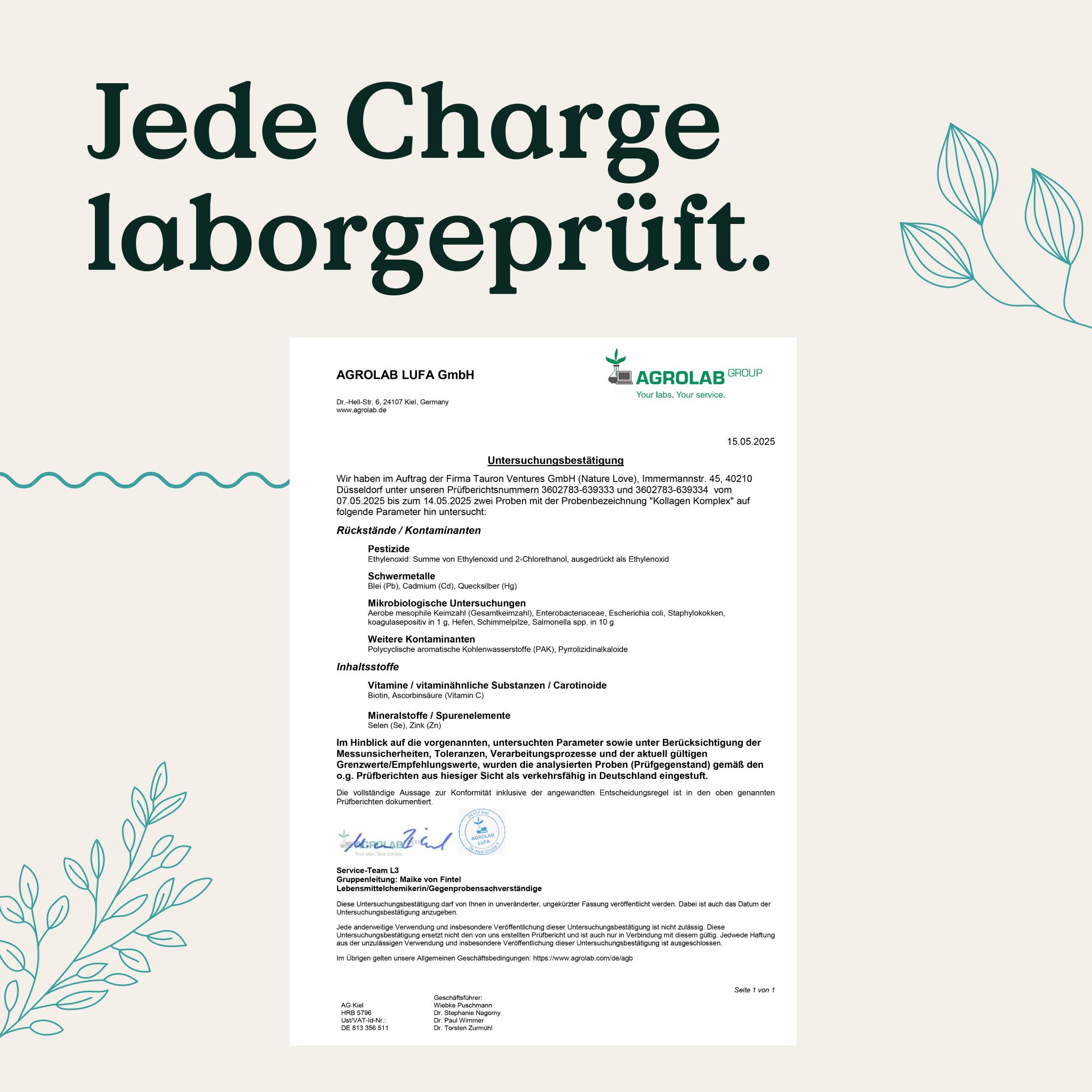 Laborbericht von AGROLAB bestätigt die Prüfung jeder Charge des NATURE LOVE Kollagen Komplex.