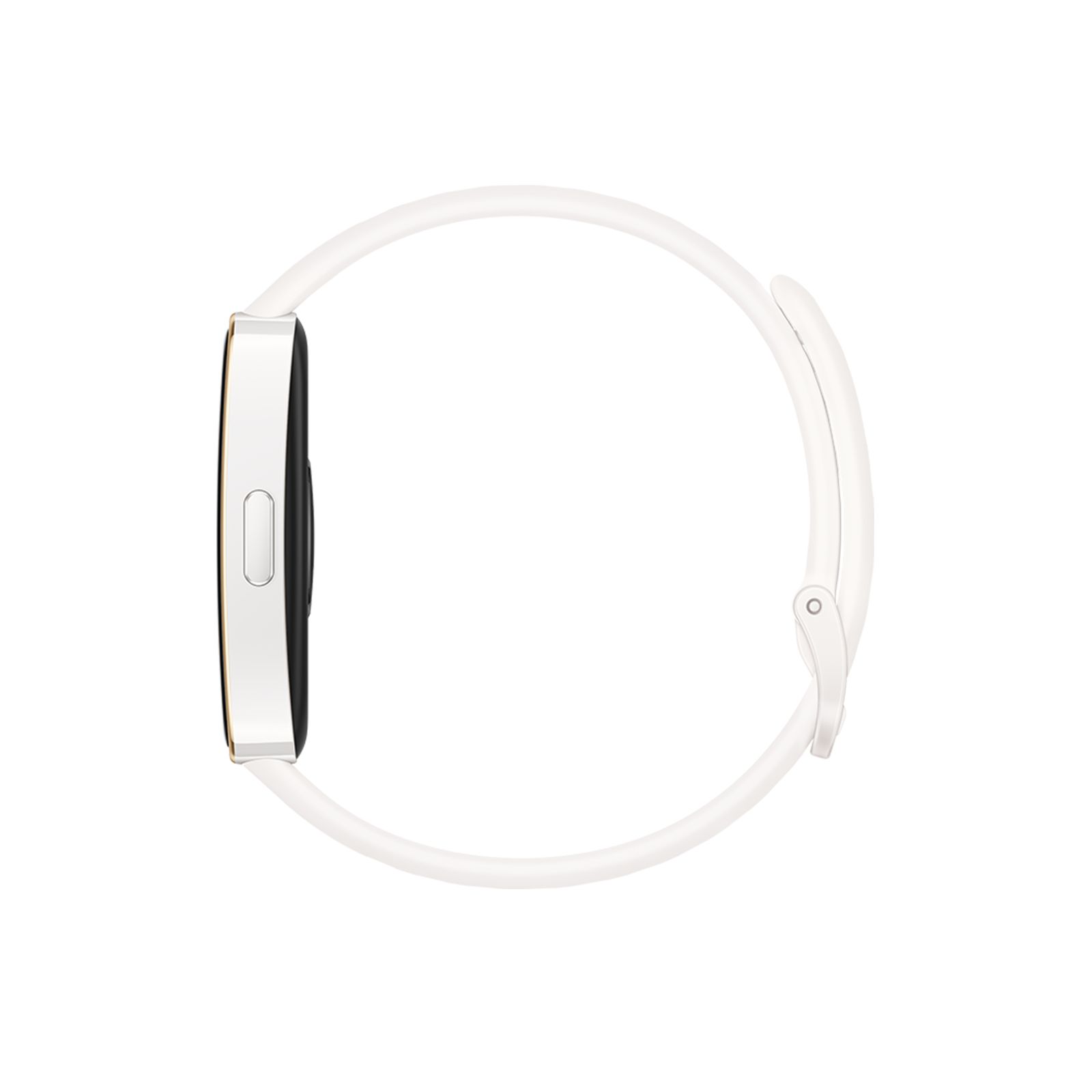 Fitness-Tracker, Seitenansicht. Weißes Armband, goldener Rahmen. Schwarzes Display.