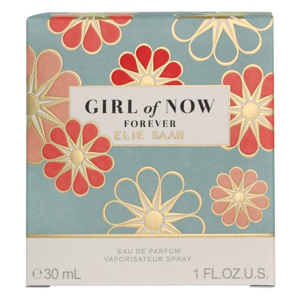 Blau-grüne Schachtel mit Blumenmuster. Text: Girl of Now Forever, Elie Saab. Unten: Eau de Parfum, 30 ml, 1 FL.OZ.U.S.