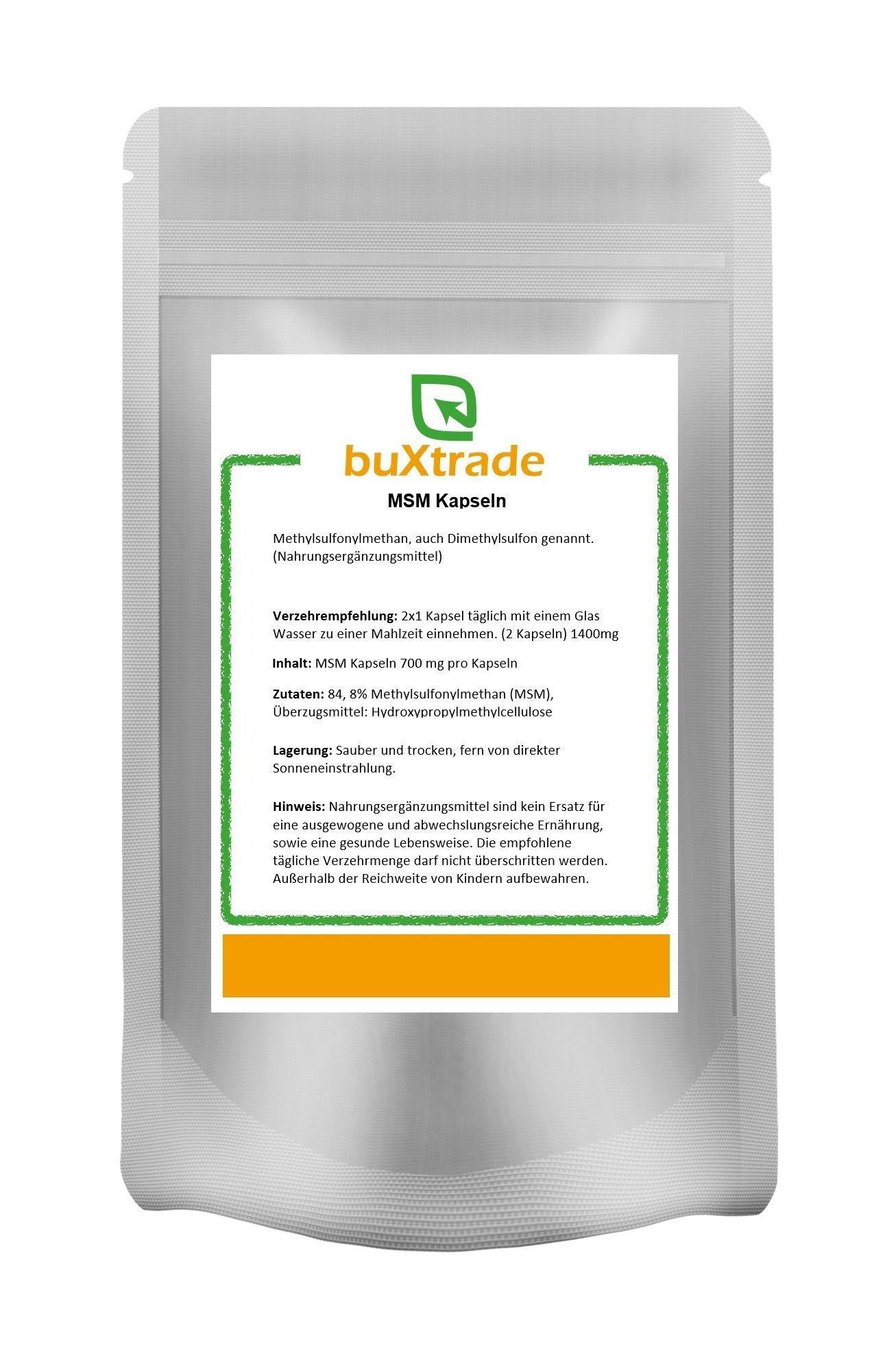 Beutel mit weißem Etikett. Aufschrift: buXtrade MSM Kapseln. Grün umrandeter Textbereich mit Produktinformationen.