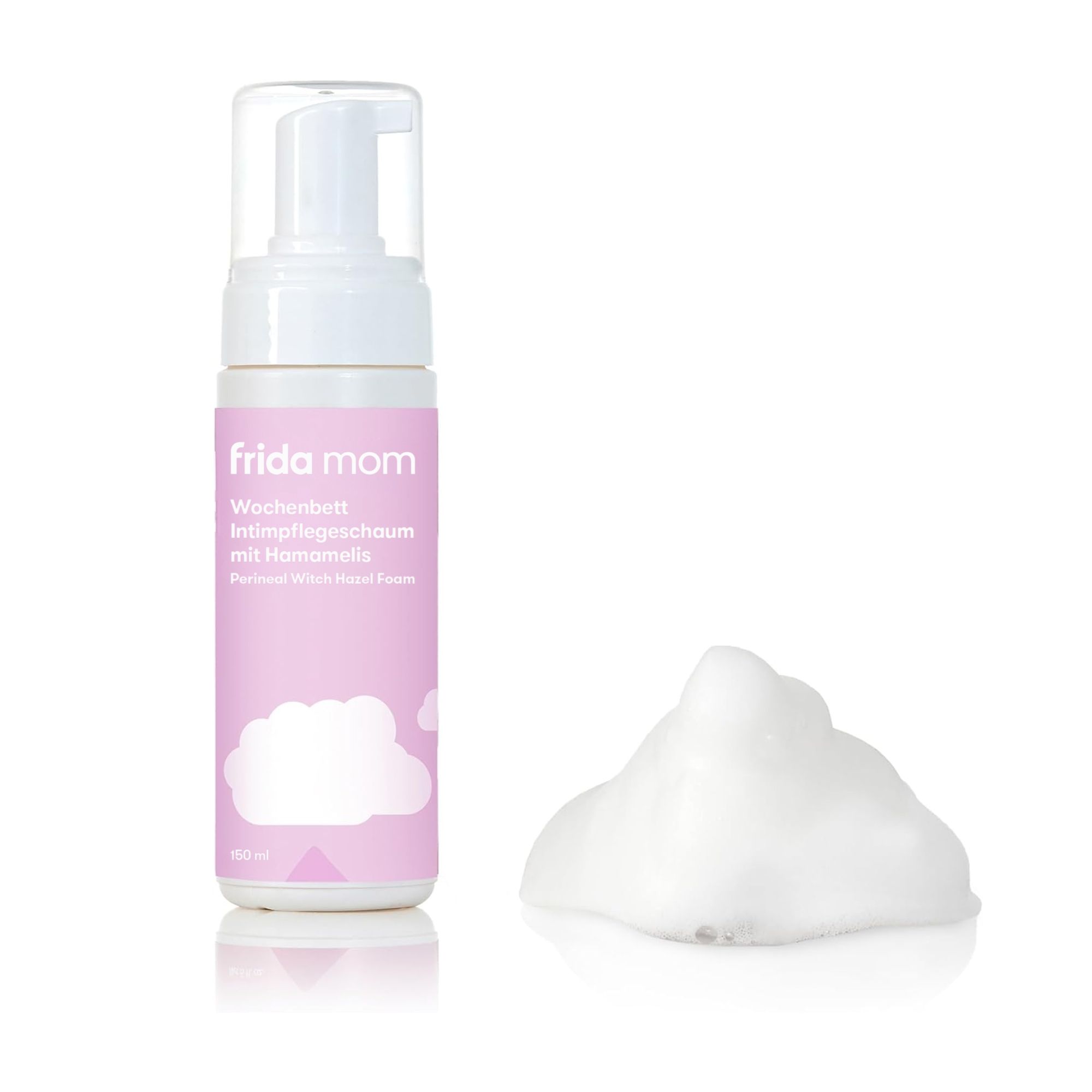 Flasche Intimpflegeschaum mit Hamamelis und Schaumhaufen. Rosa Etikett mit Produktnamen und Wolken-Illustration.
