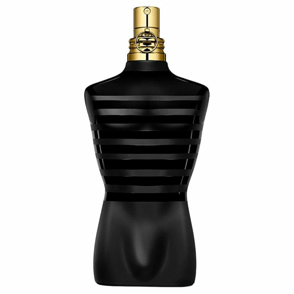 Schwarzer Flakon in Torsoform mit goldenem Verschluss. Horizontale Streifen zieren den Körper. Der Verschluss ist golden.